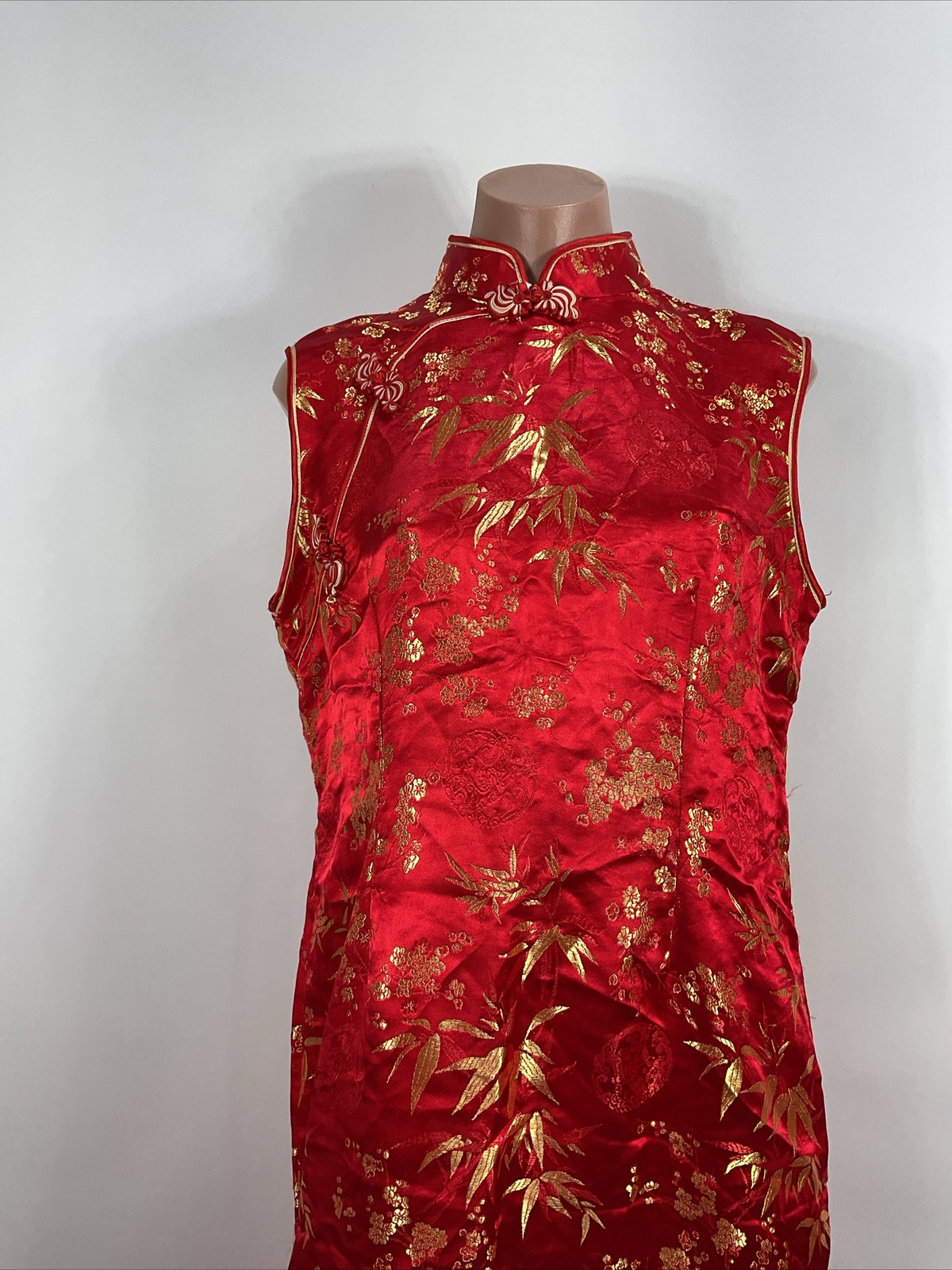 Asian Floral Cheongsam Vintage Dress Mandarin Collar Metallic Gold Red Sz 3xl PH