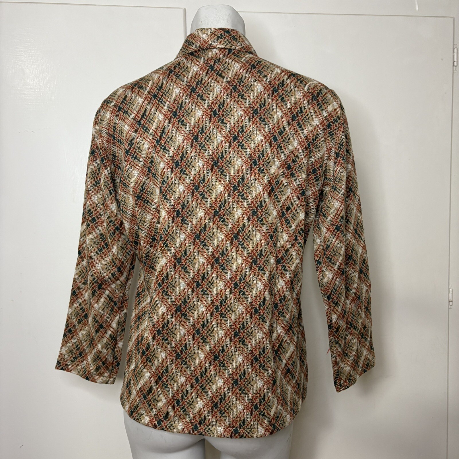 Vintage 70s Tan Red Green Plaid Double Knit Polyester Collared Button Up Shirt