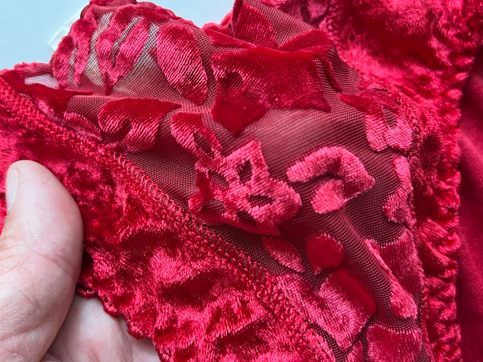 Vintage Bikini Panties Red Plush Velvet Sheer Front Floral Sissy Size Large
