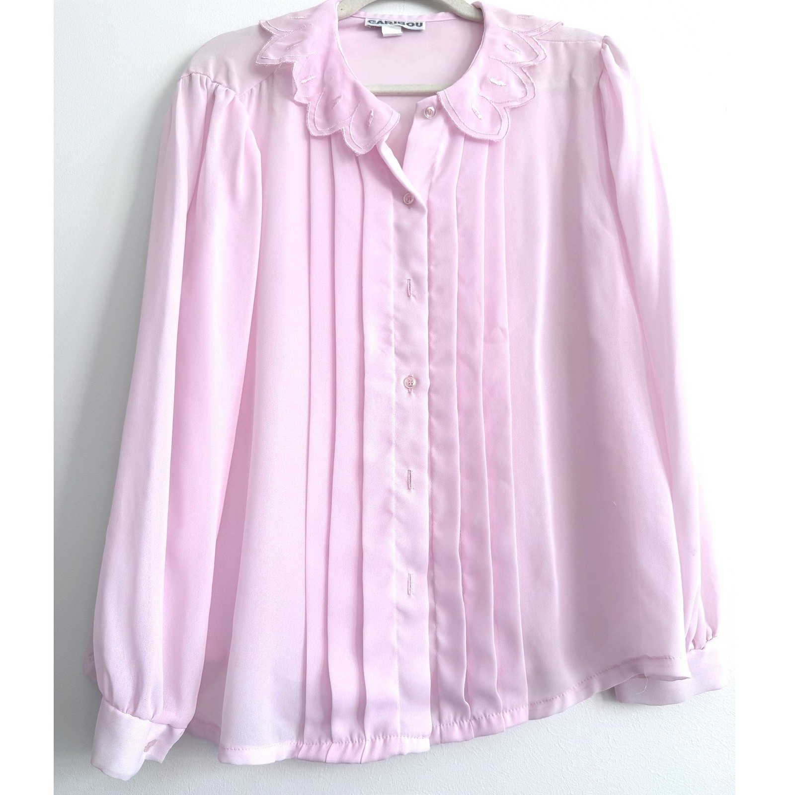Vintage 80s Pink Pleated Embroidered Blouse Cottagecore Coquette Style Size L