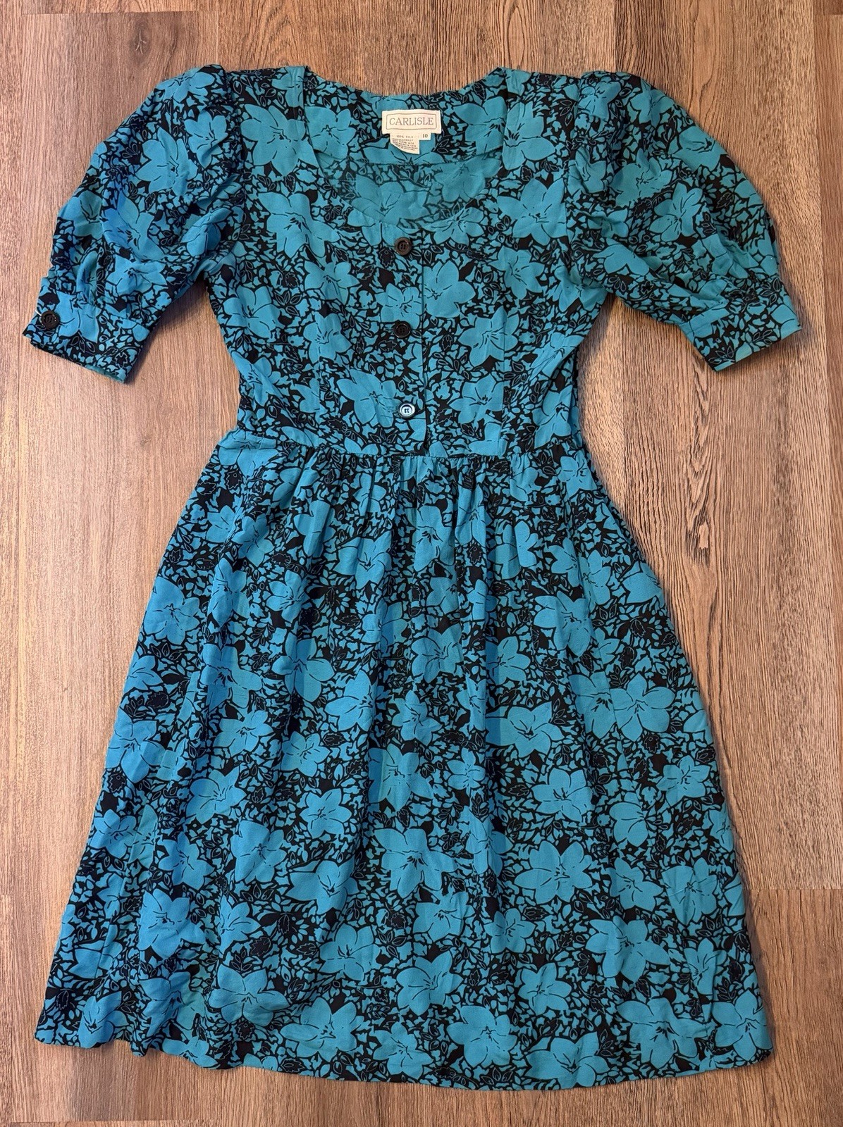 Vintage 1980s Blue And Black Dress Puff Sleeve Size 10 / Medium