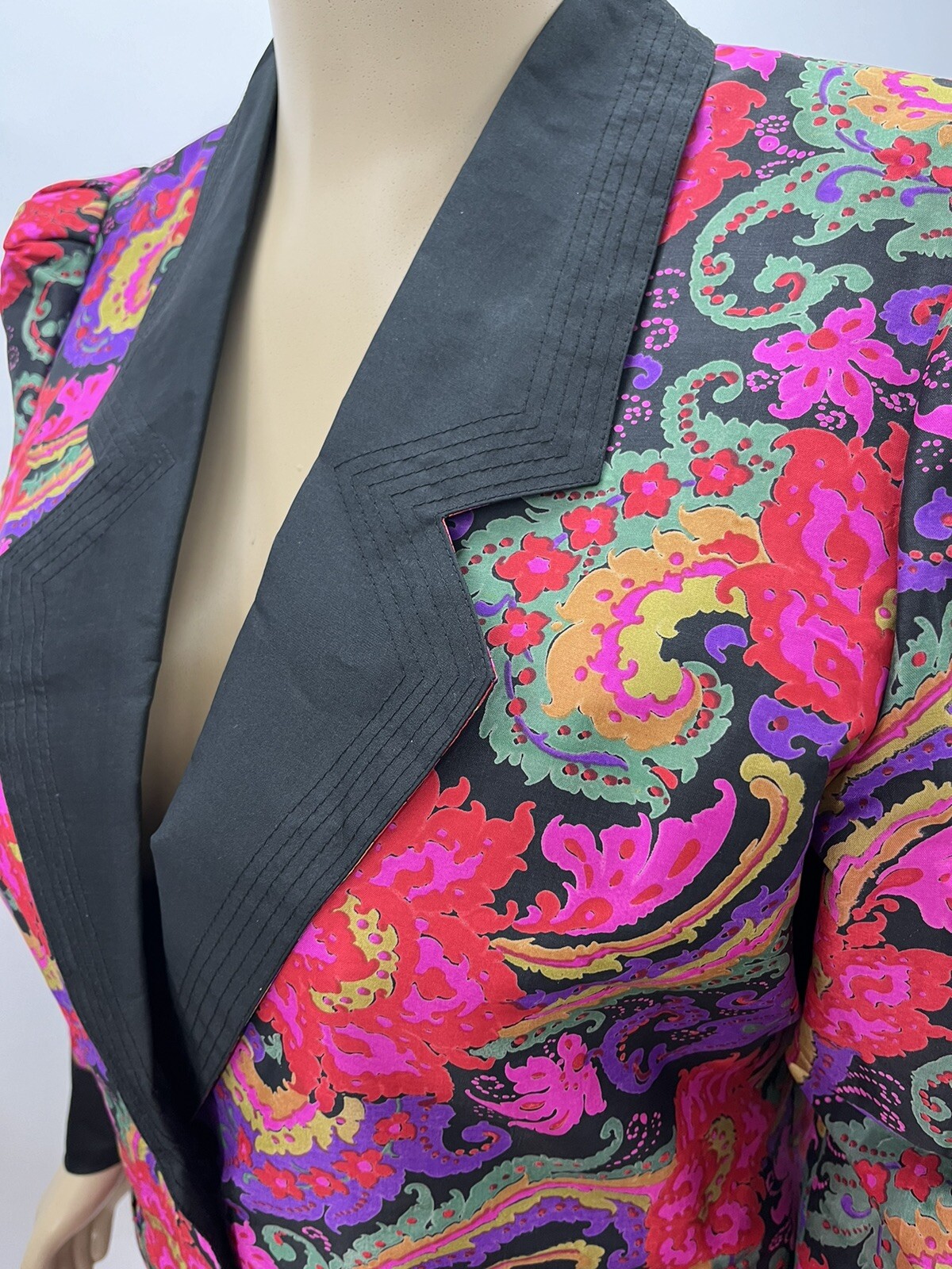 Vintage 80s Thai Silk Multicolor Paisley Womens Jacket Split Sleeve Pockets 12