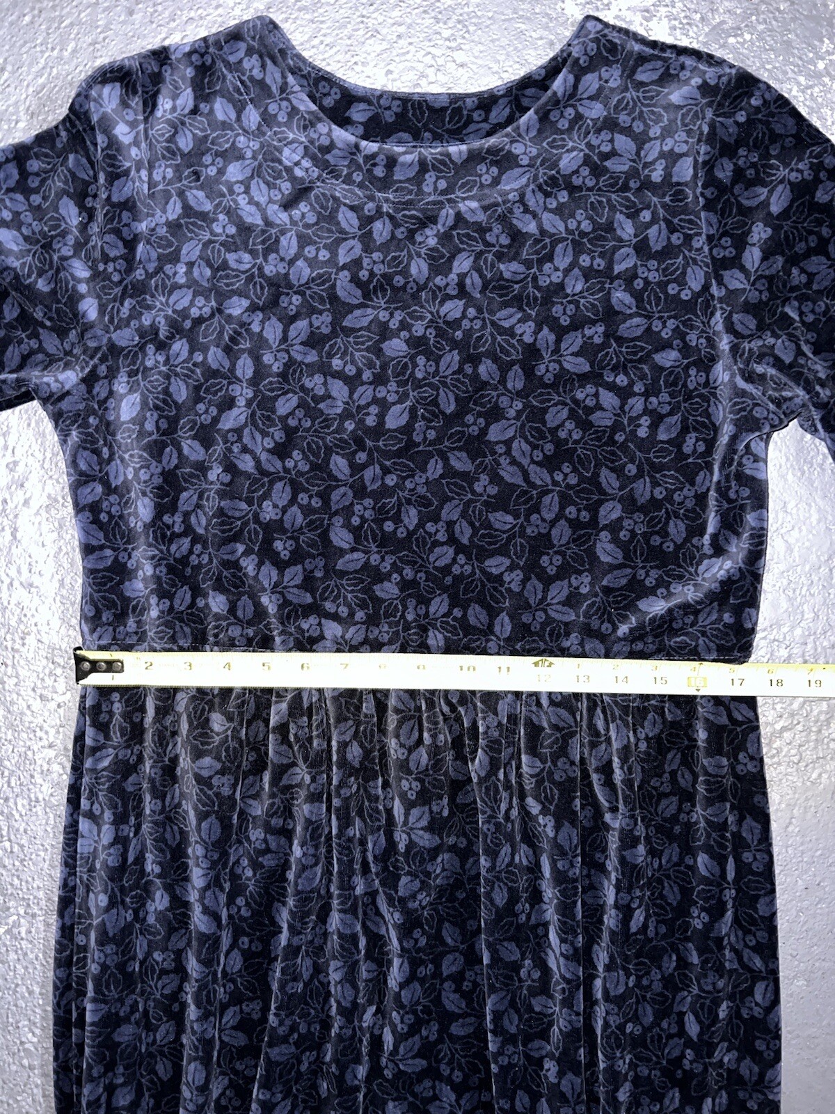 Vintage 90s LL Bean Dress Womens S/M Blue Floral Berries Pullover Midi Velour