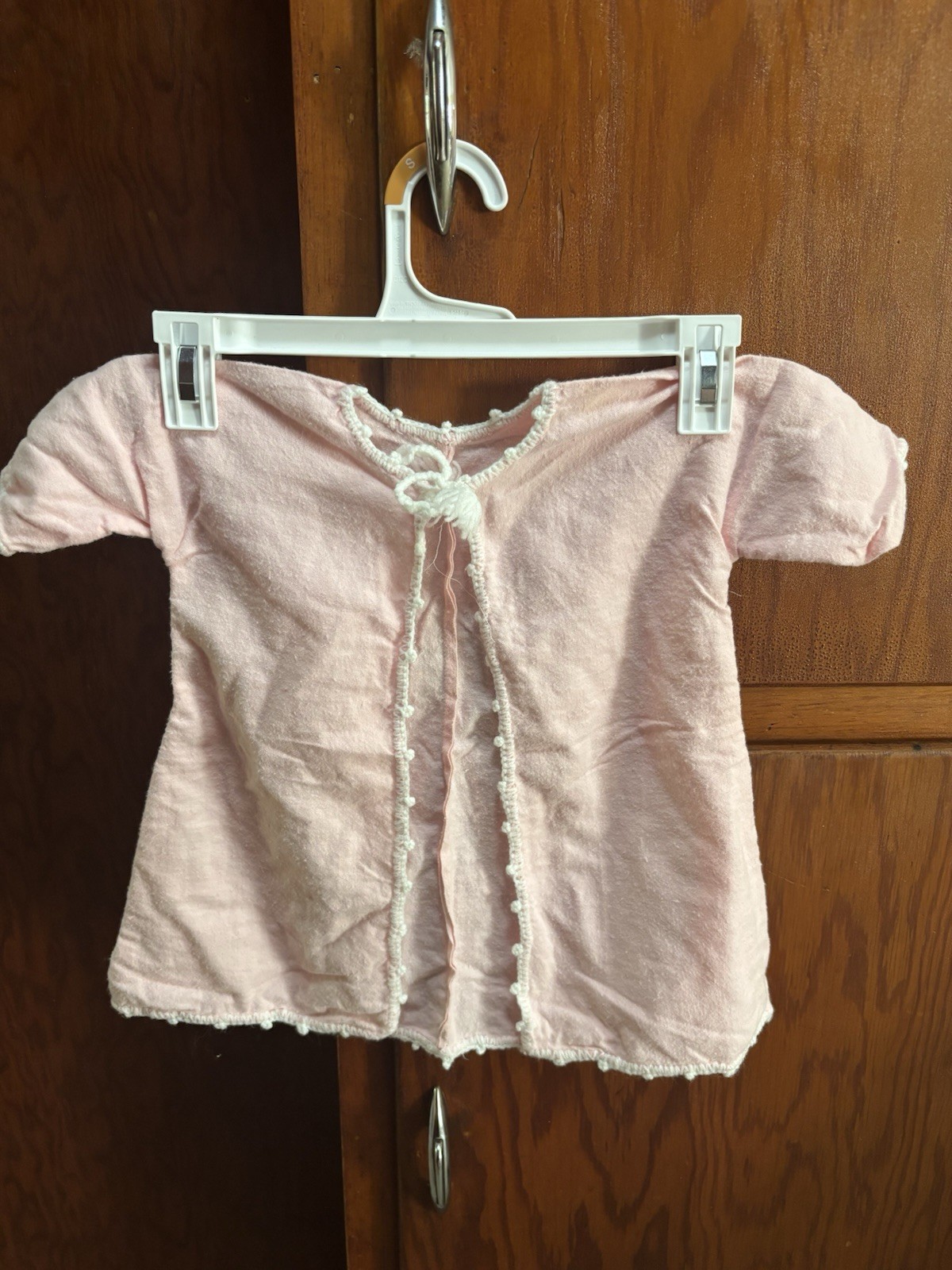 vintage pink baby dressing robe with crochet lace trim