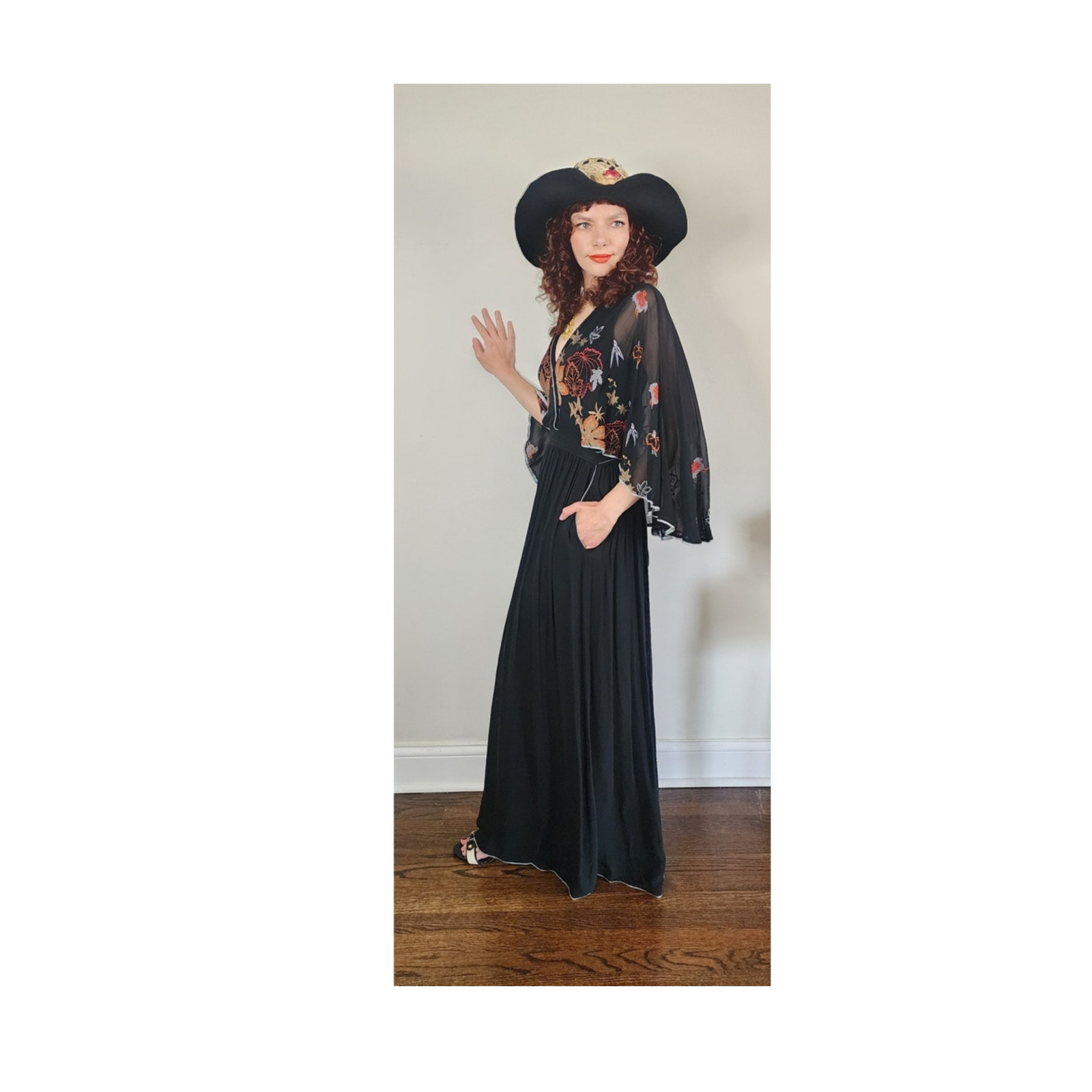 Vintage 1970s Janice Wainwright Maxi Dress Embroidered Butterfly Sleeves Capelet
