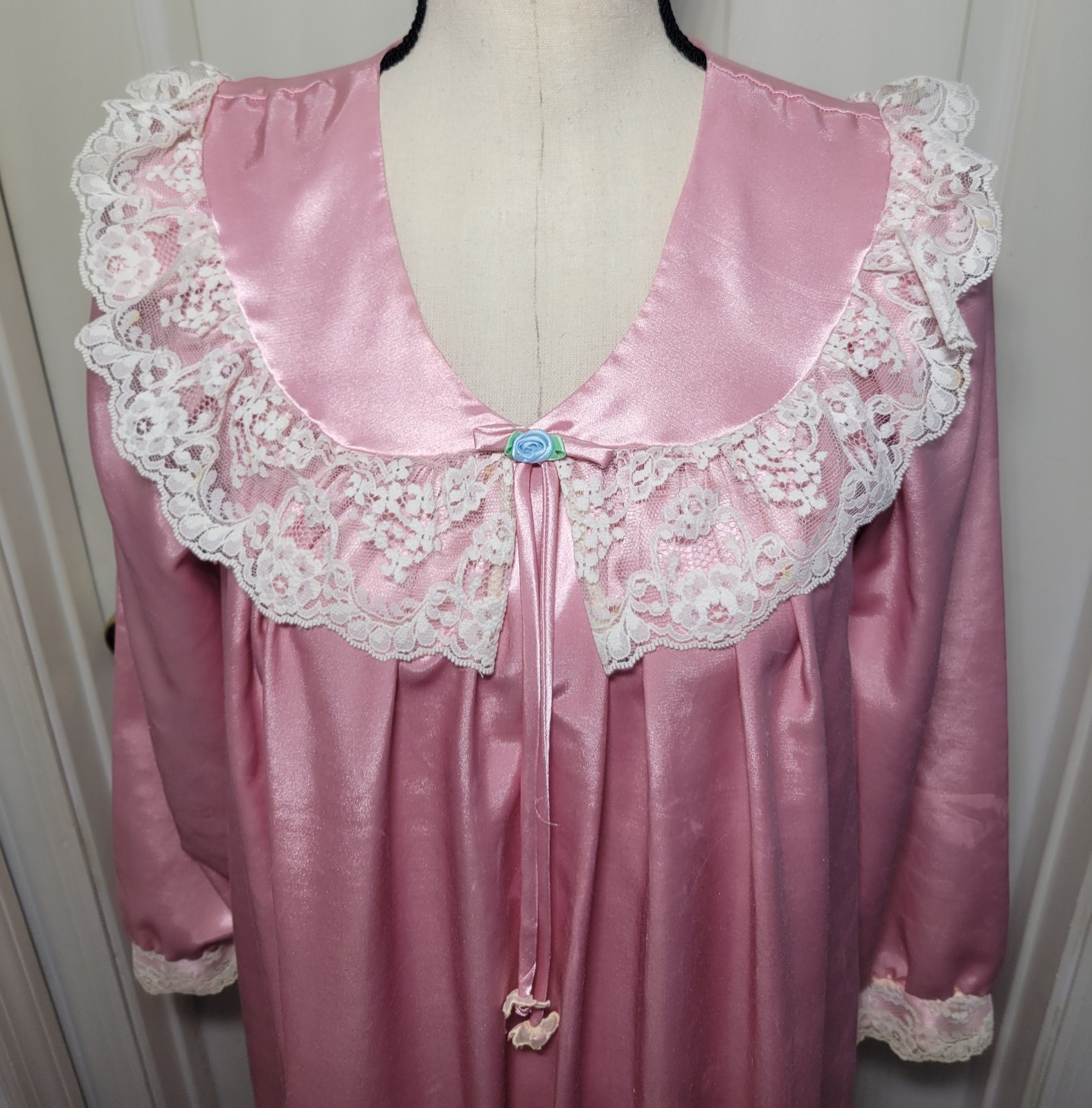 Vintage Brandywine Pink Satin Nightgown Lace Trim Petite USA Long Lingerie 70s