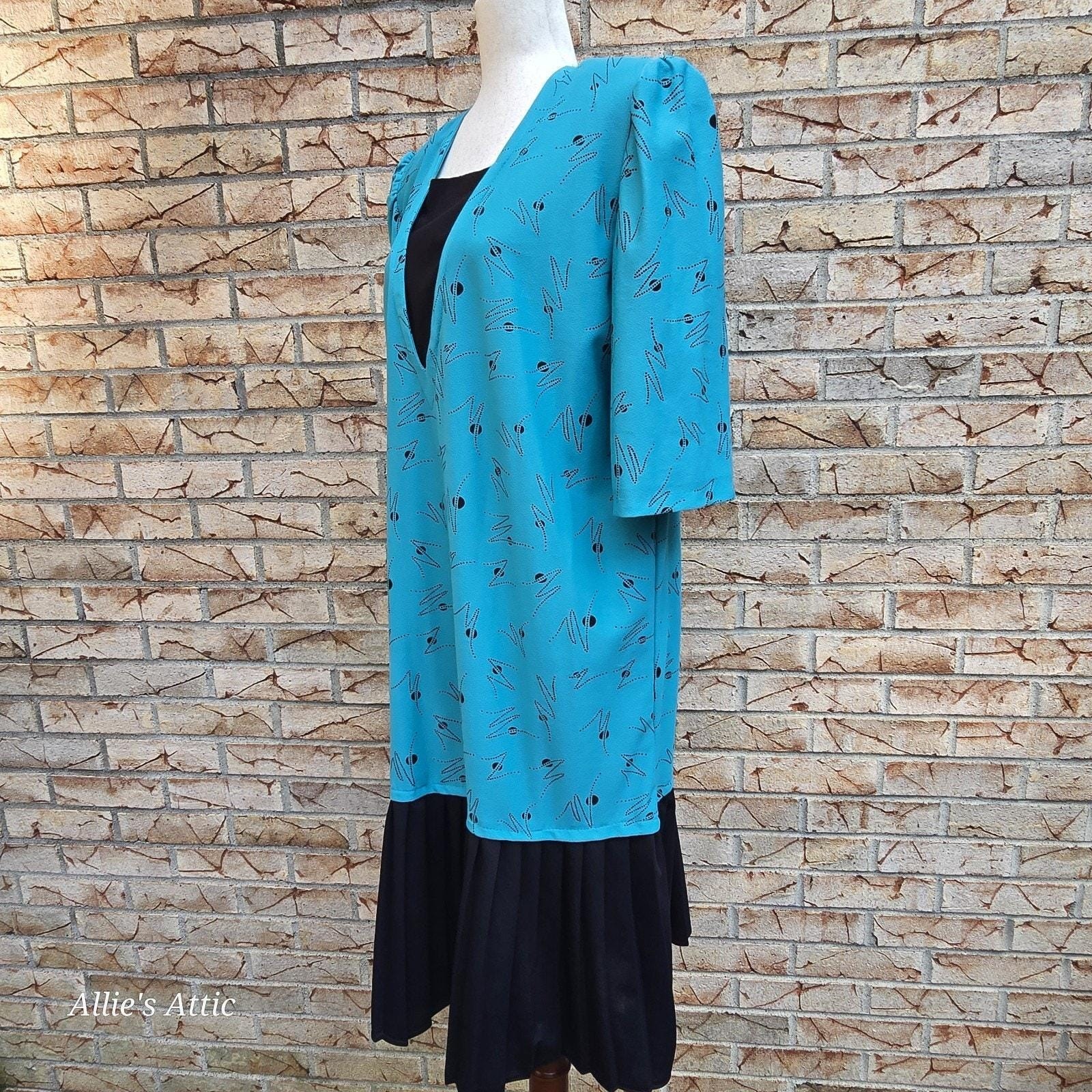 80s Teal Blue Black Geometric Vtg Drop Waist Party Dress Earth Angel Plus Size*