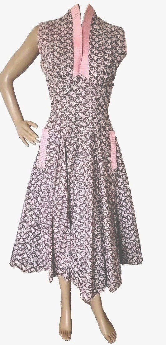 Vtg 60s MCM Sundress Pink Gray Sleeveless Fit & Flare Full Circle Skirt Cotton S