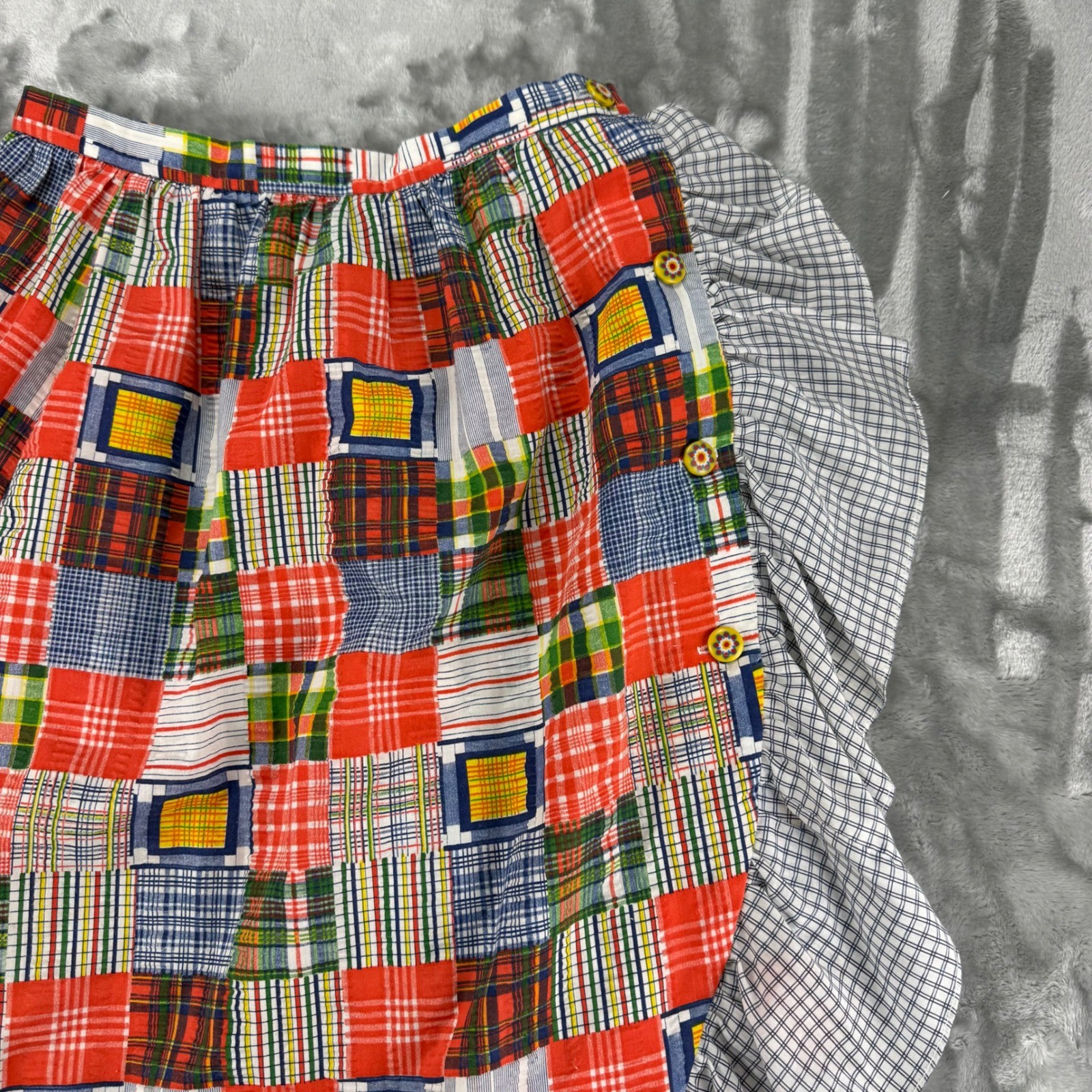 Vintage 70’s Patchwork Plaid Ruffle Midi Skirt Boho Romantic Folk, High Waist
