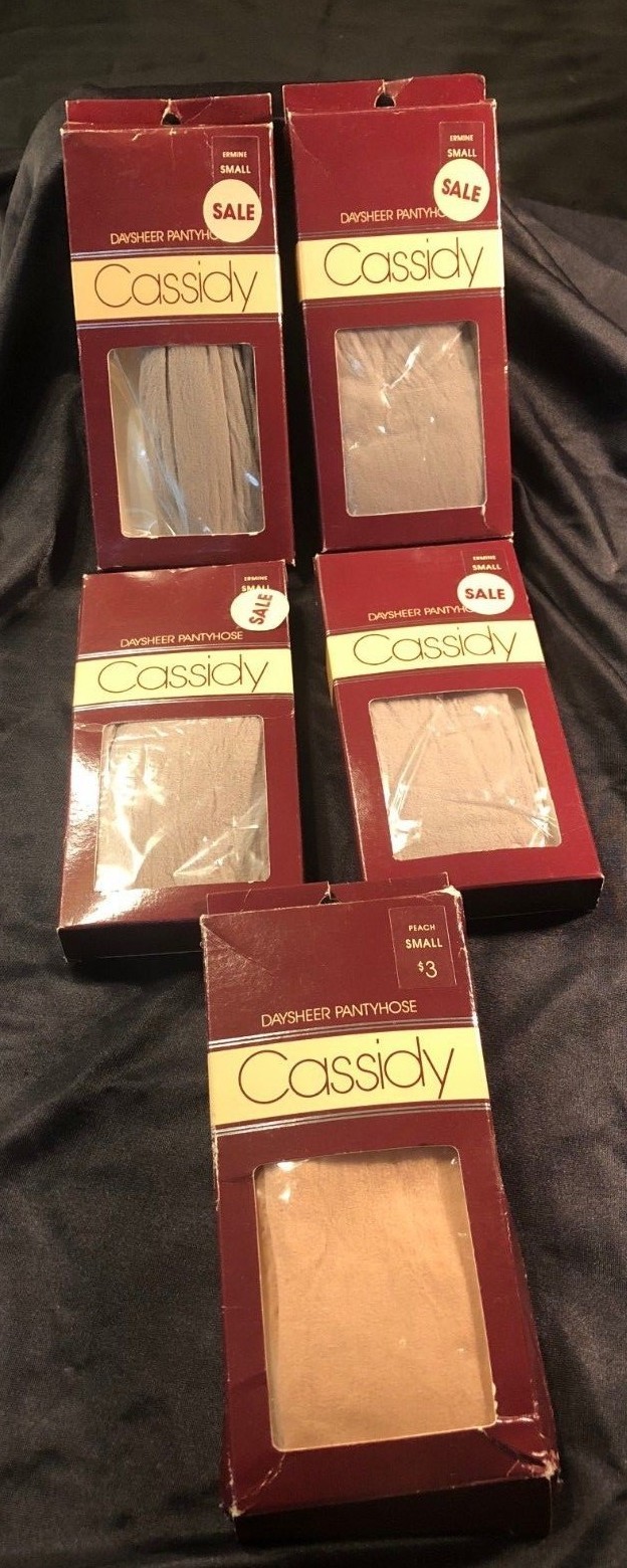 Vtg 5 NIP Cassidy pantyhose, SMALL, 4 ermine (taupe), 1 peach, opened but unused