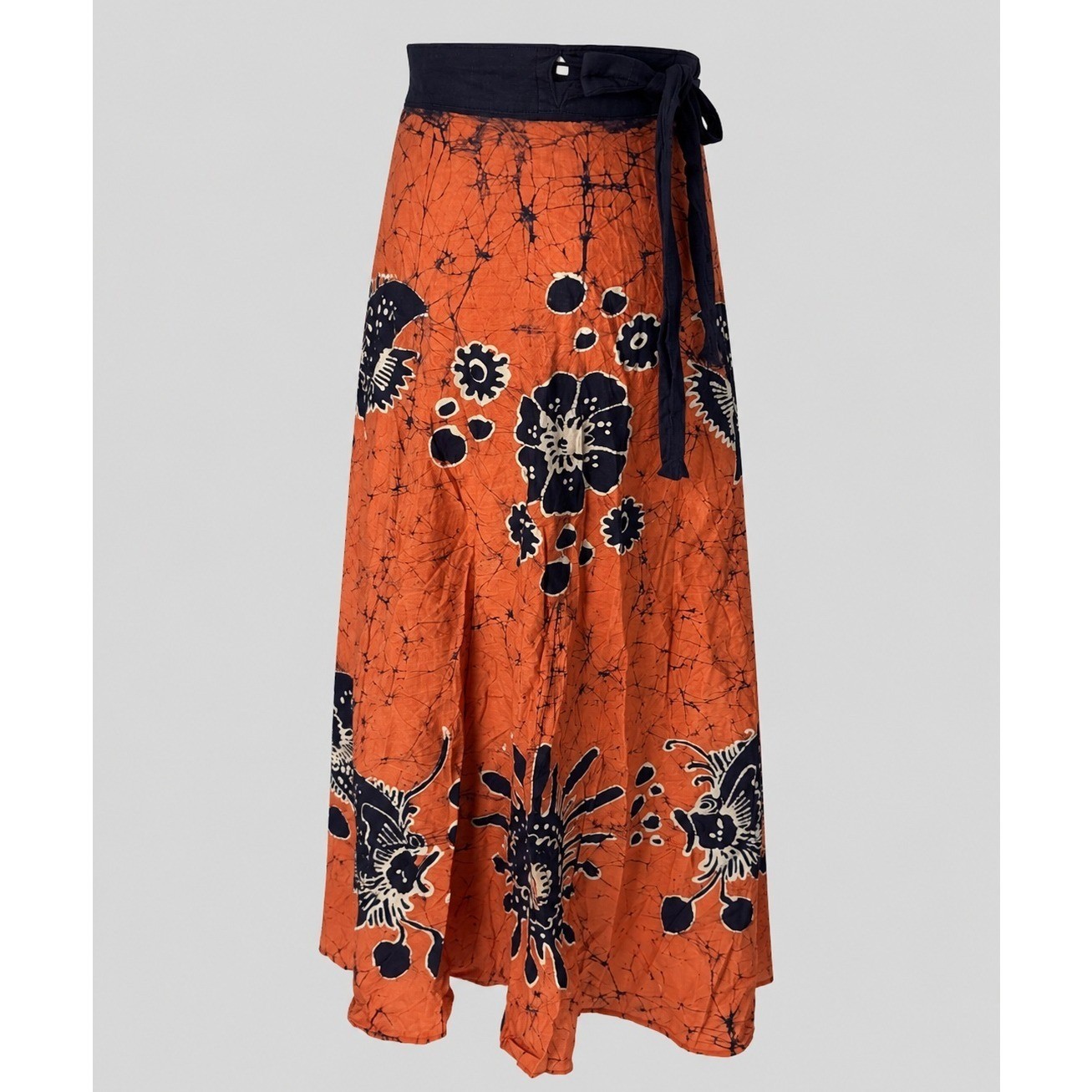 Vintage Lady Bali Batik Wrap Skirt Orange Navy Floral Cotton Handmade Indonesia