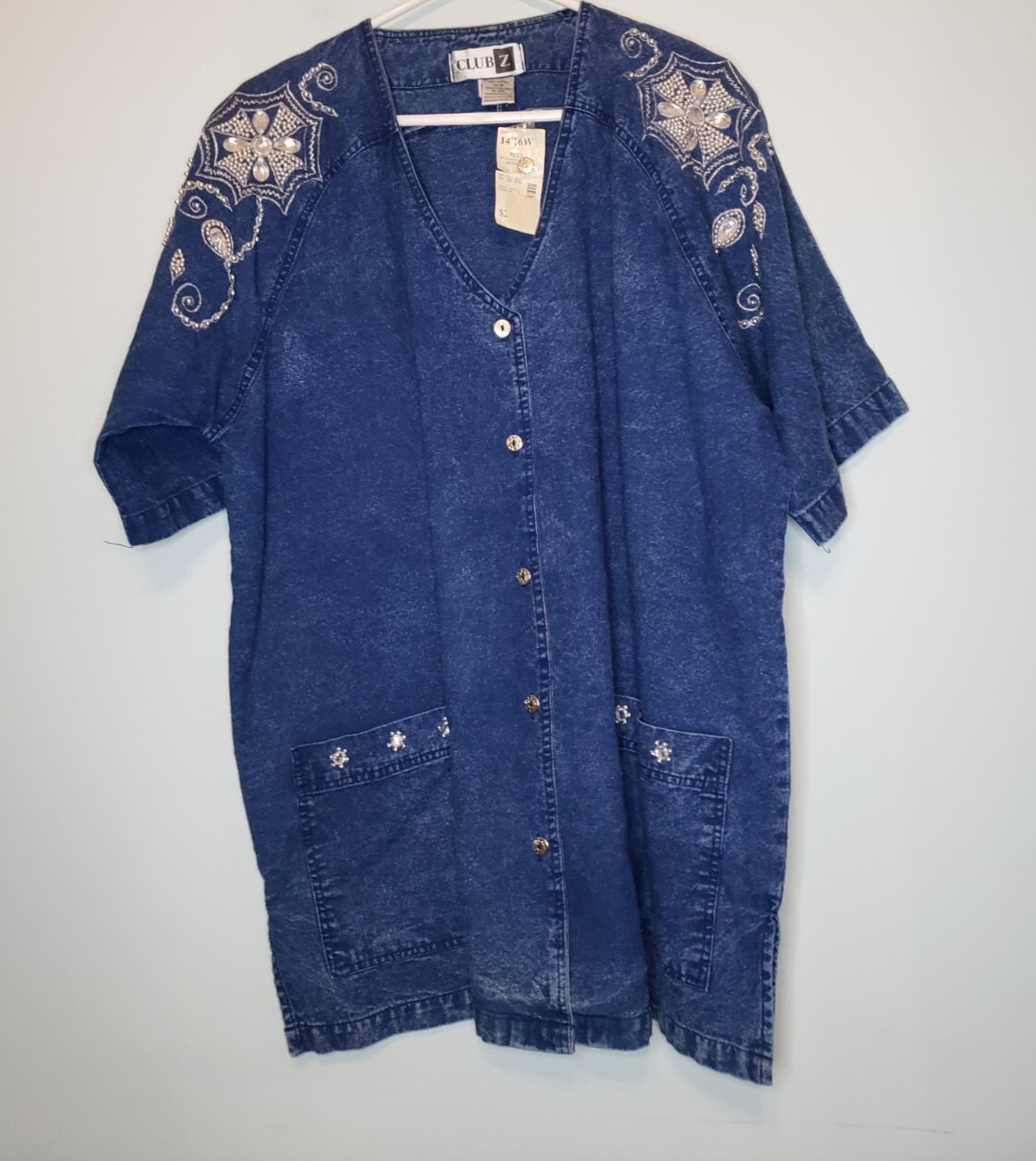 VTG 80s Club Z Women Plus 14W 16W Top Denim Studded Sparkly Blue Art To Wear NWT