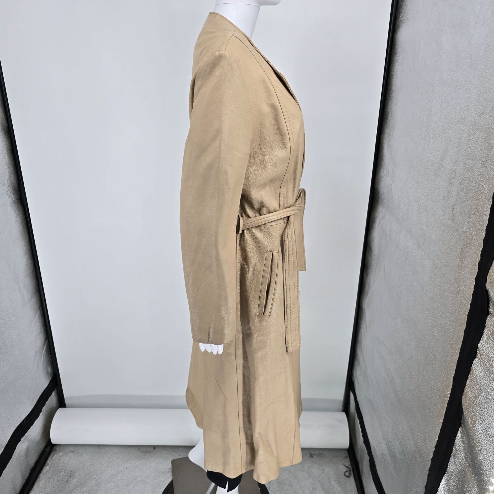 Vintage Late 1970s Vincent’s Indiana Beige Leather Wrap Belted Coat (M) *Fair