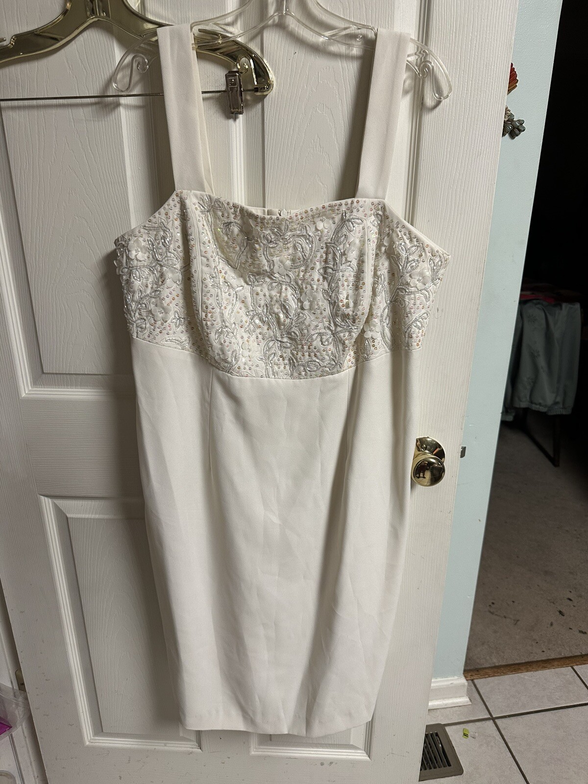 80s 90s Lori Max NY Dress White XL 16 Sleeveless Beaded Floral Cocktail XL 16