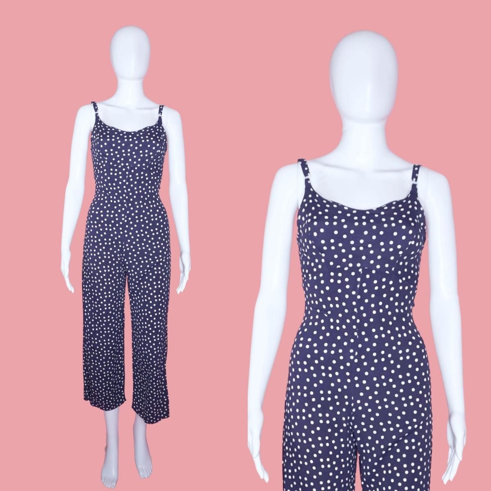 1990s Vintage BETSEY JOHNSON. Navy & White Empire Waist. Polka Dot JUMPSUIT. XS