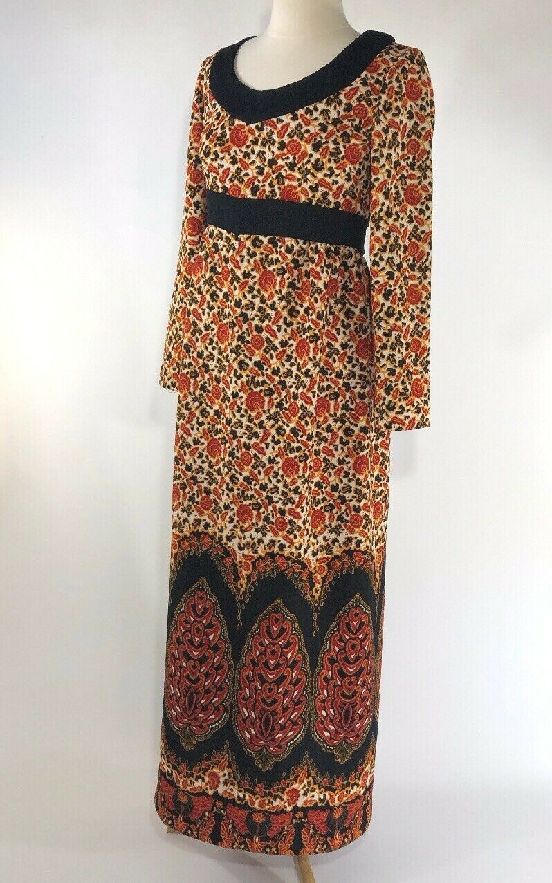 Vintage Dress Polyester Union Made size 12 Floral black orange Fortrel Textured