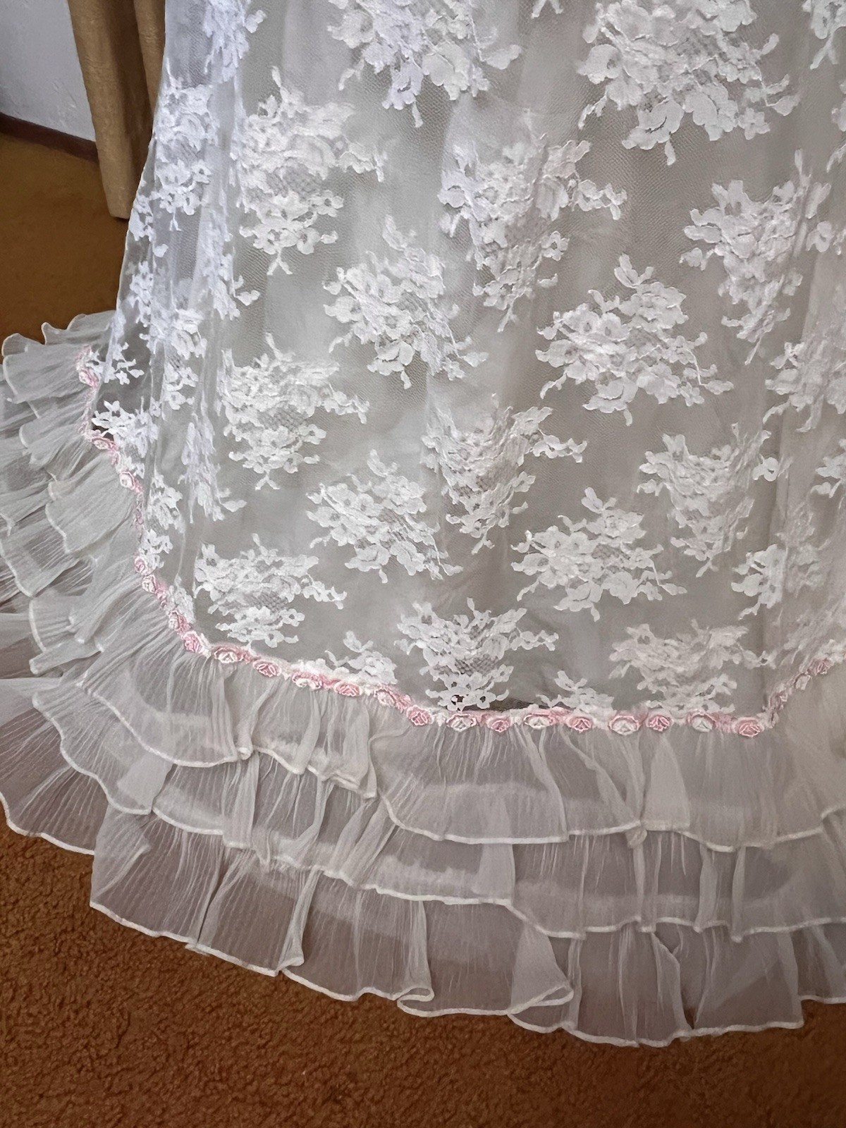 Vintage 1960s Empire Waist Lace Wedding Dress With Rose Appliqué And Ruffles