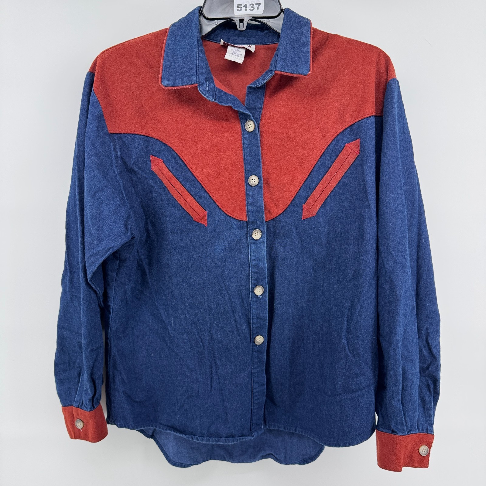 Vintage Miller Stockman Denim Shirt Womens M Blue Red Suede Yoke Cowboy