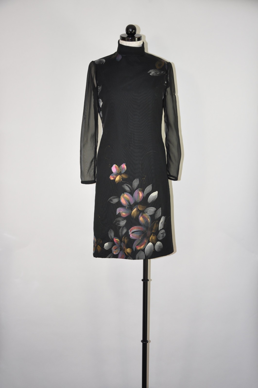 60s Vintage Black Hand Painted Floral Sheer Chiffon Sleeve Shift Dress Women S