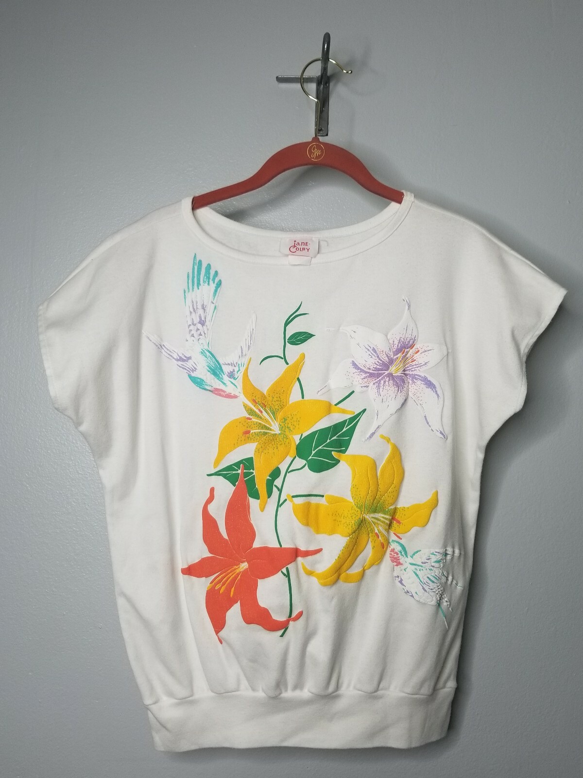 Vintage Womens M 80’S JANE COLBY White Puff Paint Floral Hummingbird T Shirt