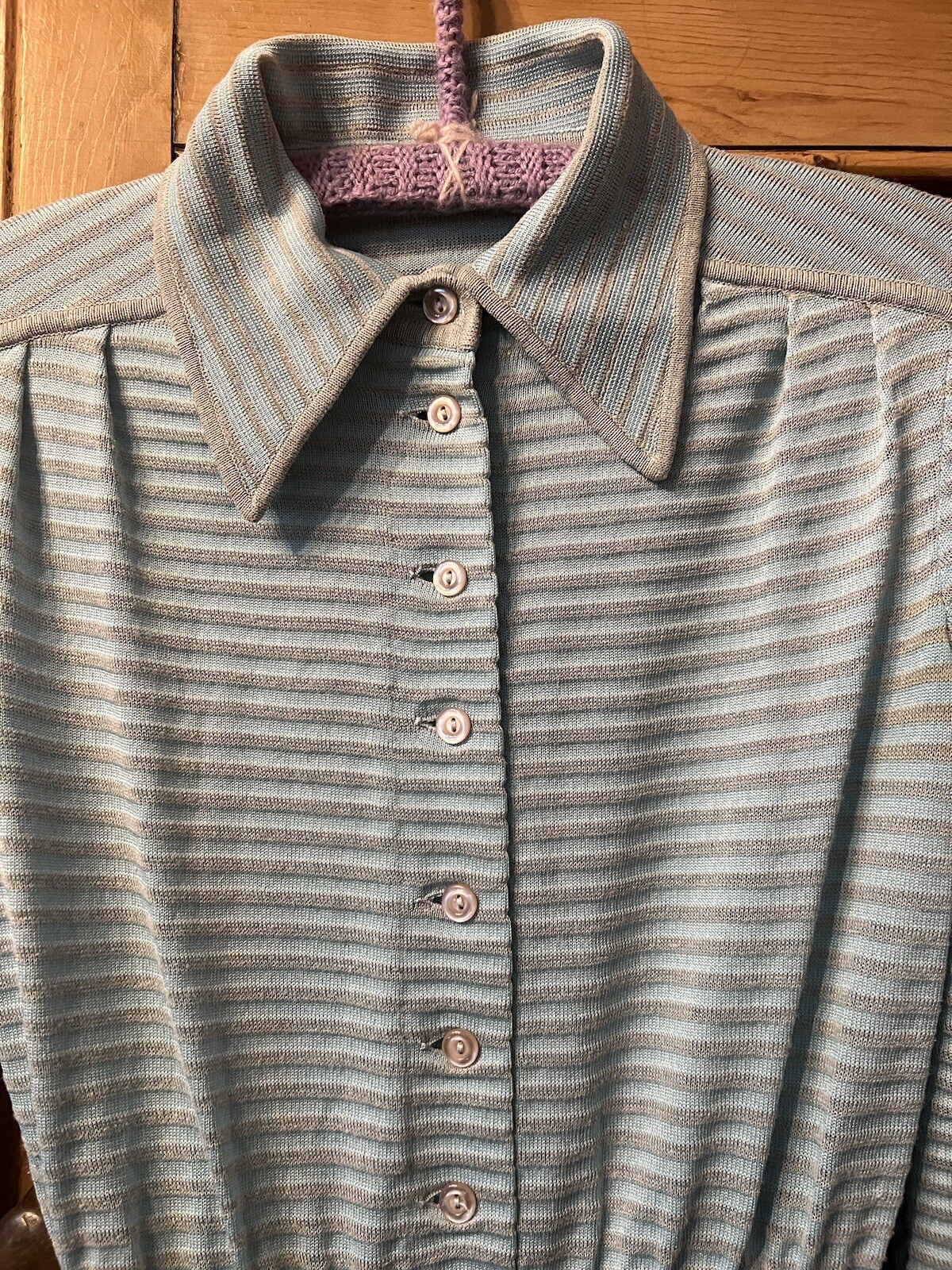 Vintage Nylon Knit Sky Blue/Grey Stripe Dress 50’s Lg Pleat W/ Draw String Waist
