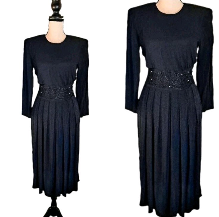 VTG 80s Karen Stevens Black Embroidered Pearl Bead Waist Pleated Midi Dress Sz 6