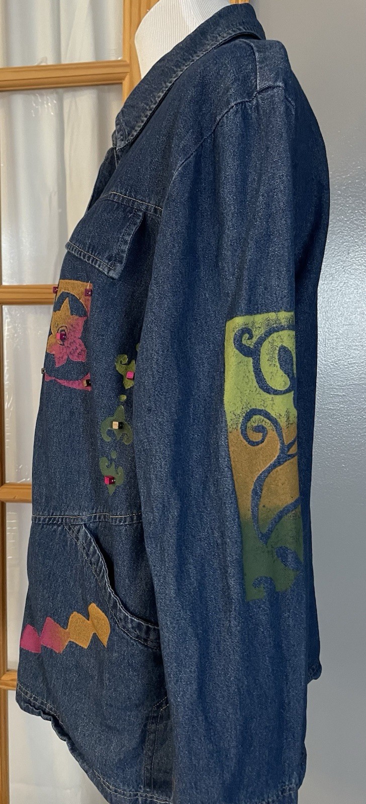 70s Saint Germain Chore Jacket Womens Sz M Blue Wearable Art Floral Country USA