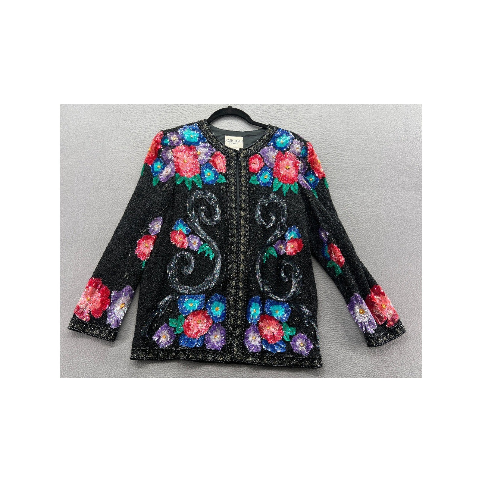 Joan Leslie Evenings Jacket Womens L VTG Silk Beaded Sequin Floral Black