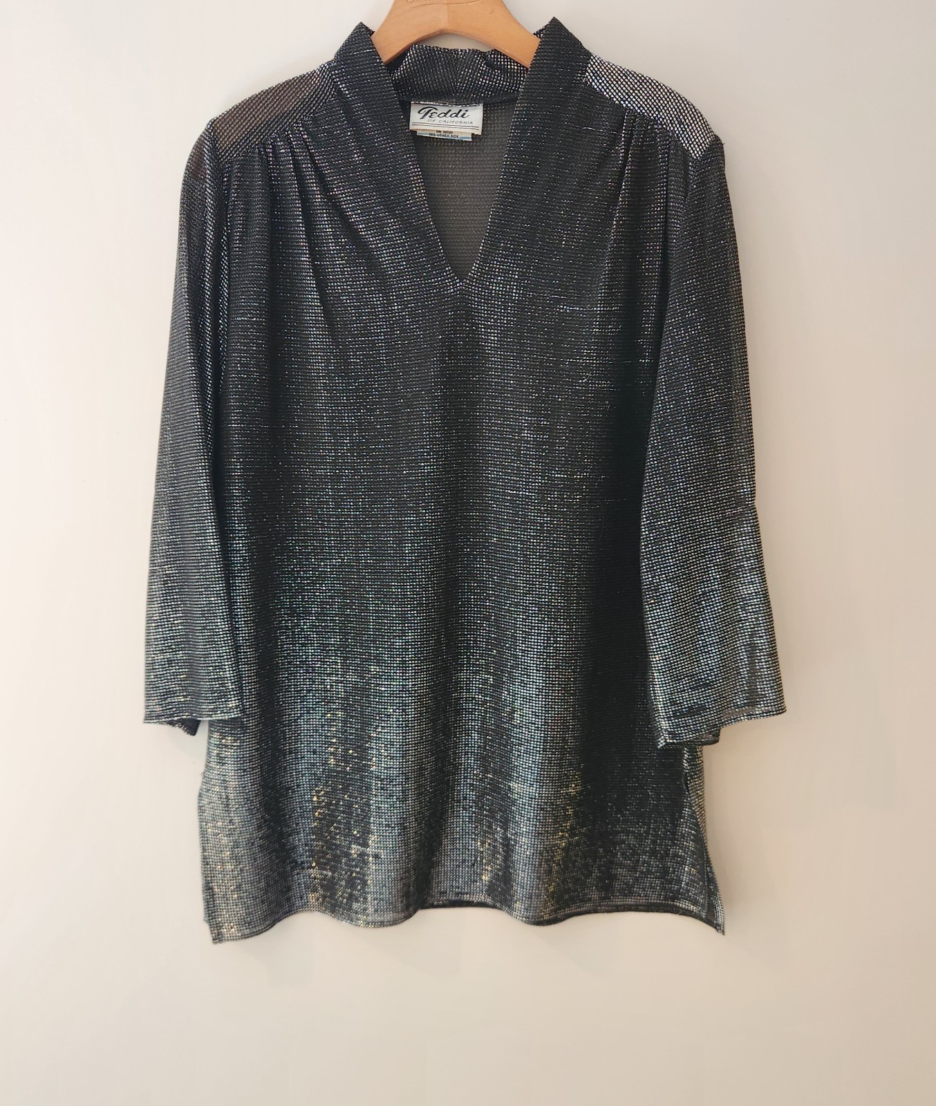 Vintage Teddi of California Black Silver Metallic Tunic V-Neck Disco Size 12