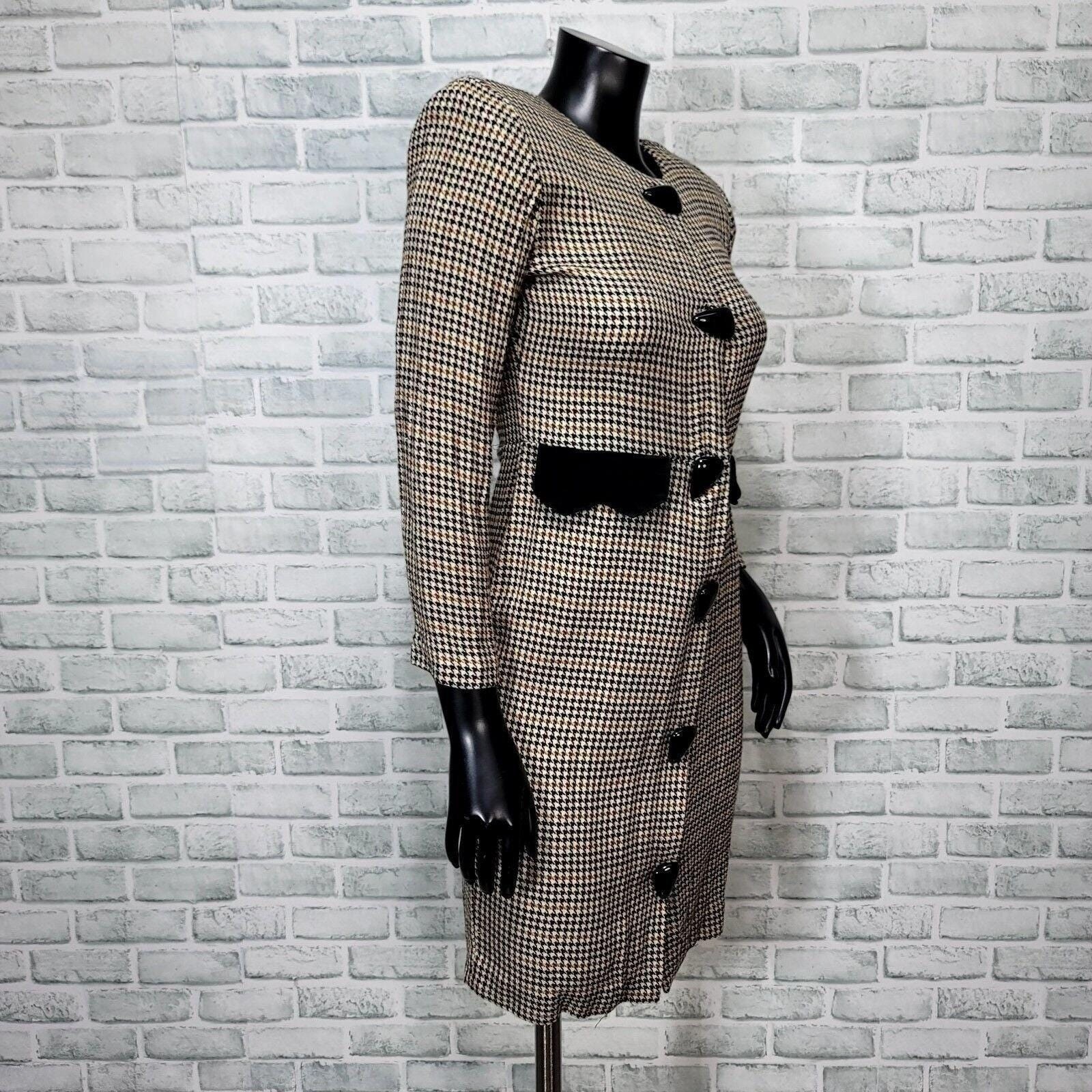 Vintage 80s Cynthia Howie Petite 4 Houndstooth Dress USA Velvet Trim Academia