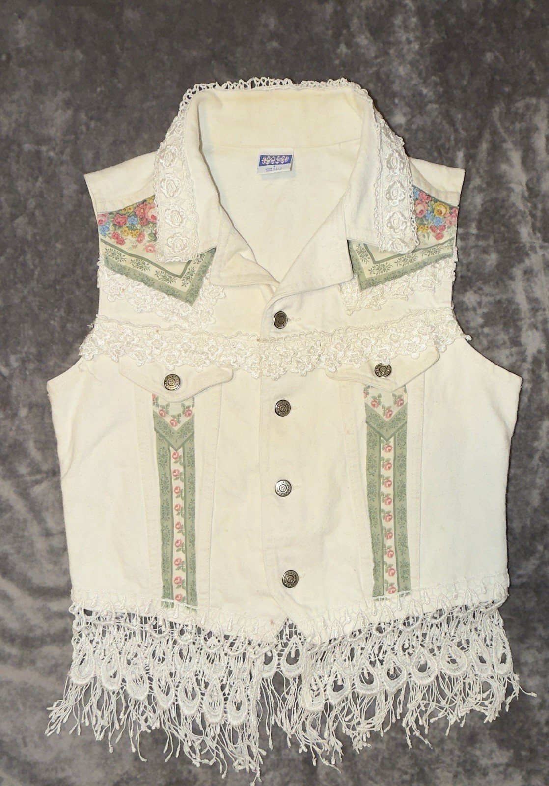 Vintage Watch L.A. Western Denim Vest with Floral Print and Lace Fringe 80s-90s