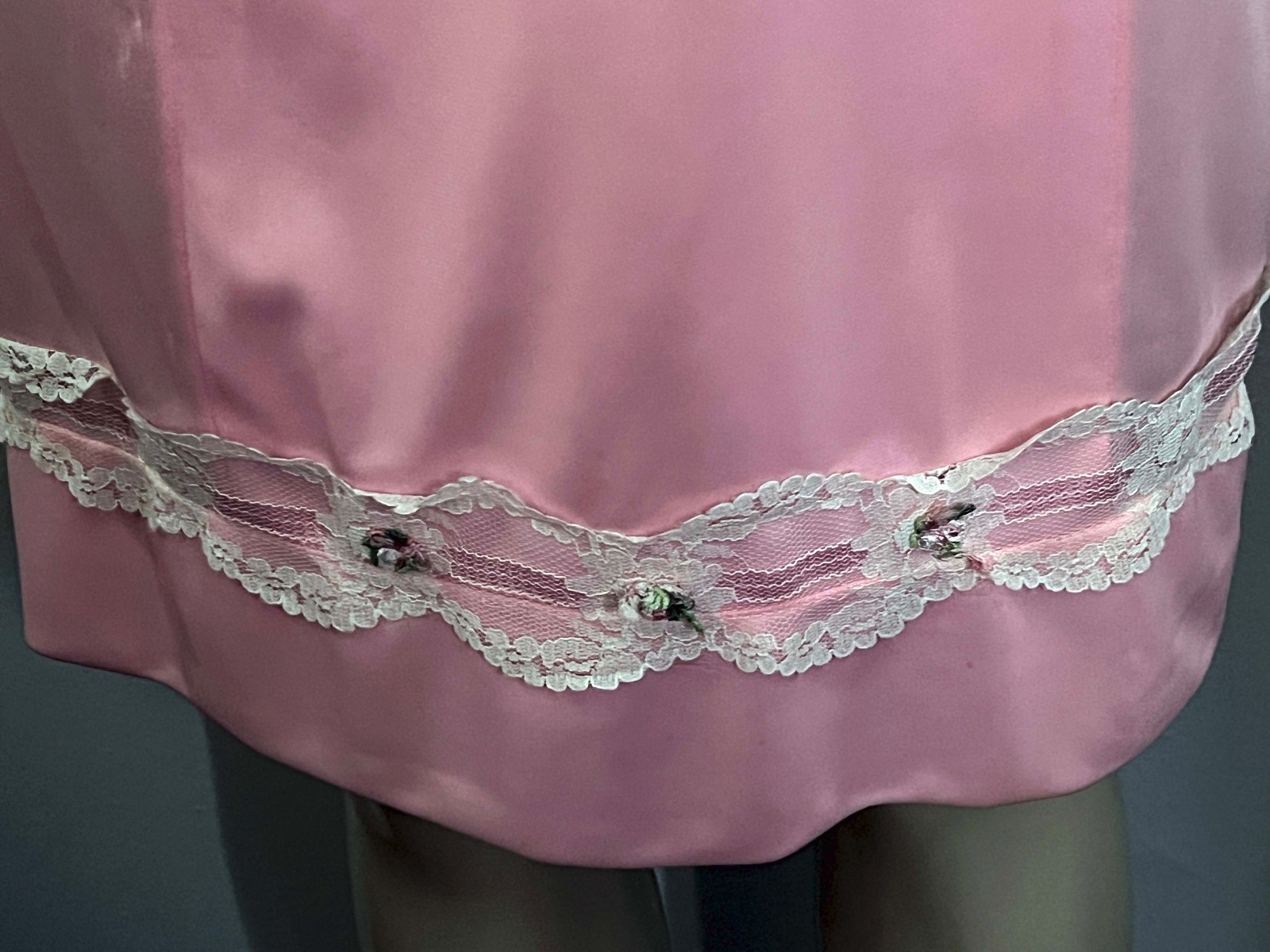 Vintage 50’s Pink Nylon Satin Slip/ Nightgown/ Lace Trim- Sz. 38