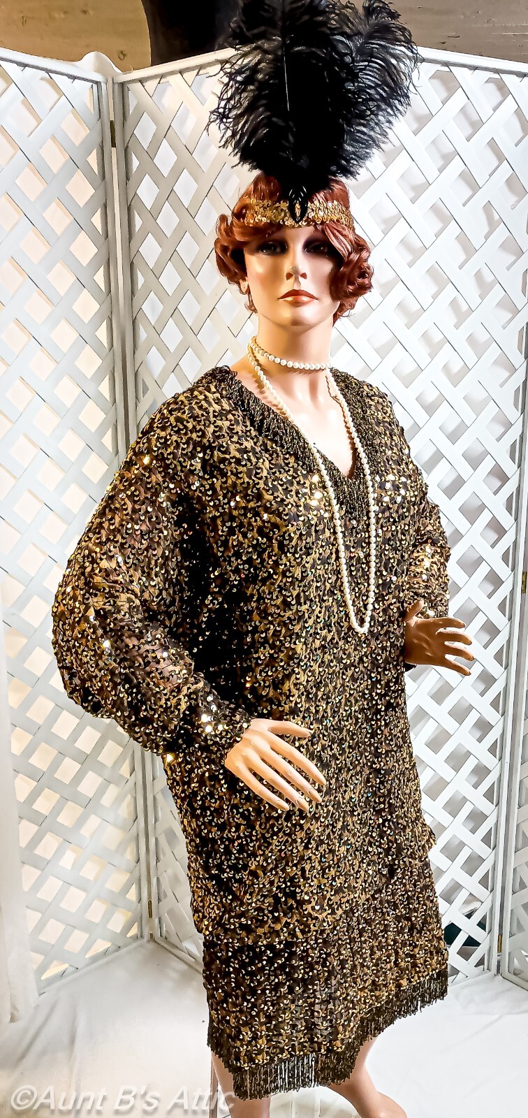 Vtg 80’s Damianou Br/Blk/Gold Leopard Print Sequin 20’s Style Drop Waist Dress L
