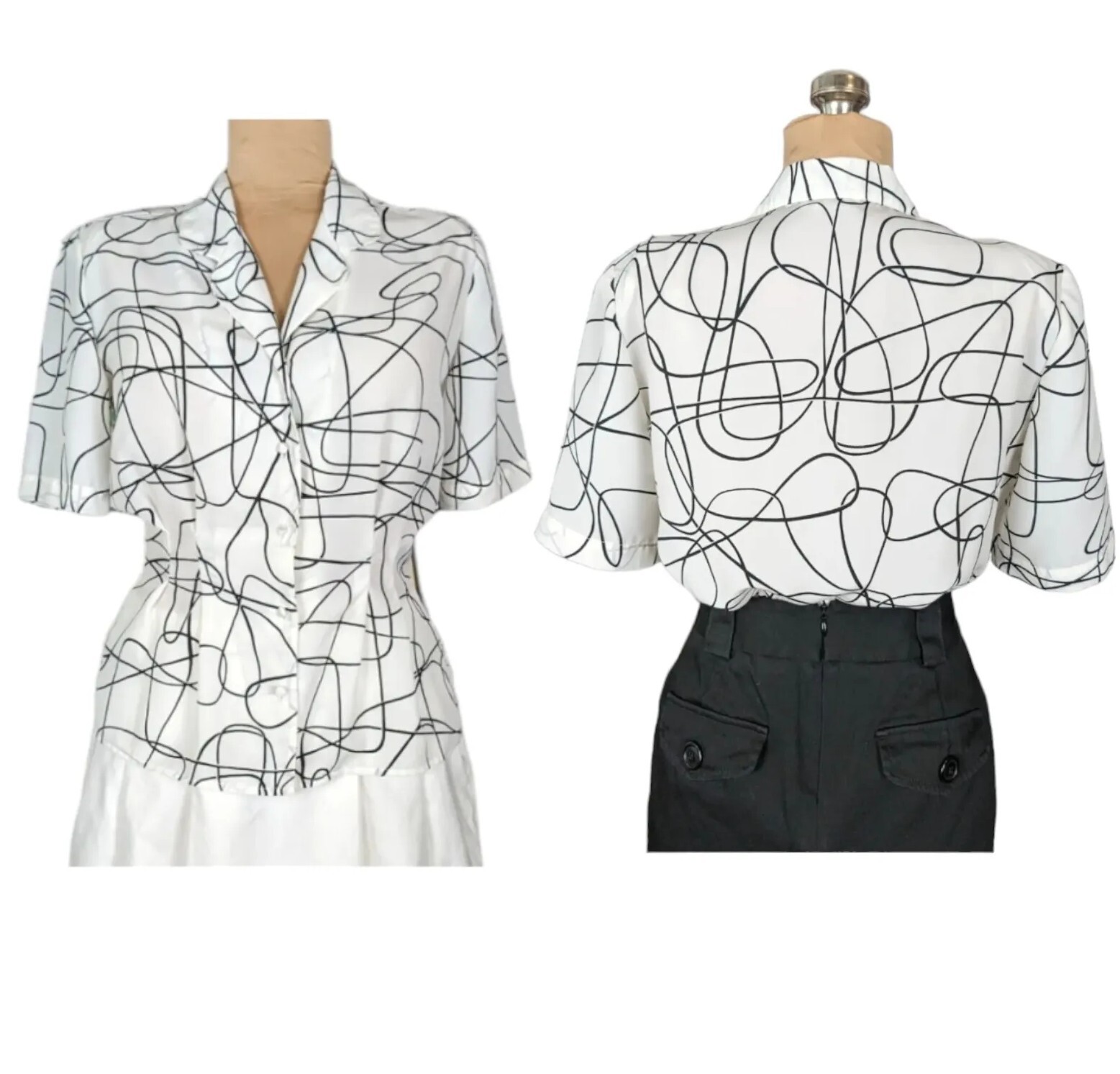 Vtg 80s M/L Lloyd Williams Black White Abstract Blouse Art to Wear New Wave Work
