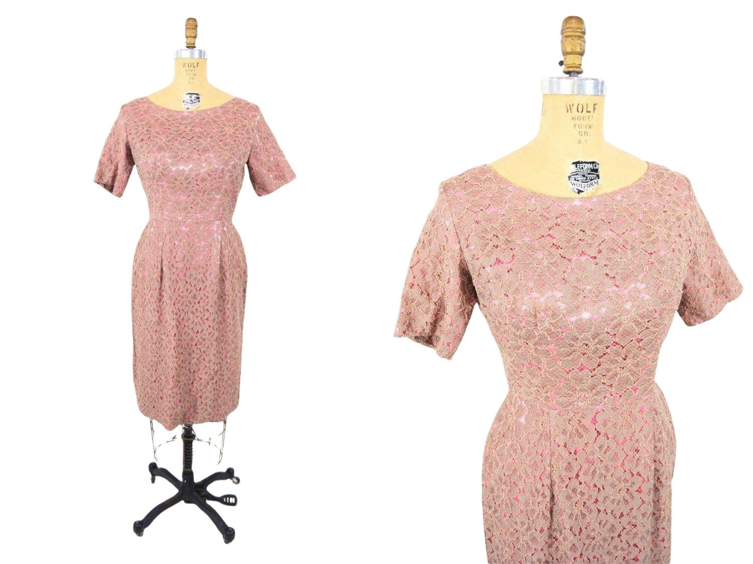 Vintage 50s Lace Cocktail Dress Tan Pink Soutache Sheath W 26″