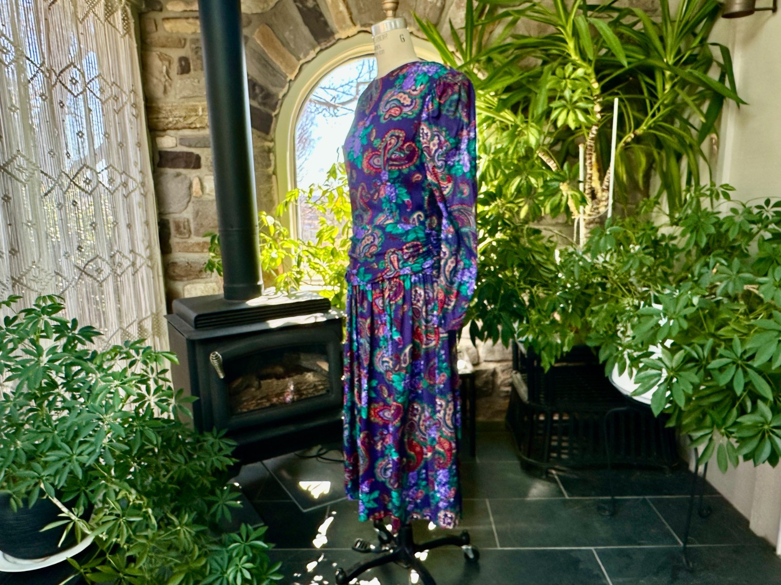 Vintage 1980s Purple Green and Red Paisley Rayon Dress Expo