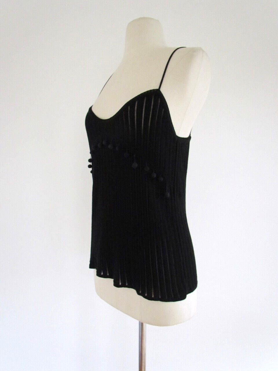 Chloé Black Crochet Top Knit Camisole Pom Pom L Italy Y2K Deadstock