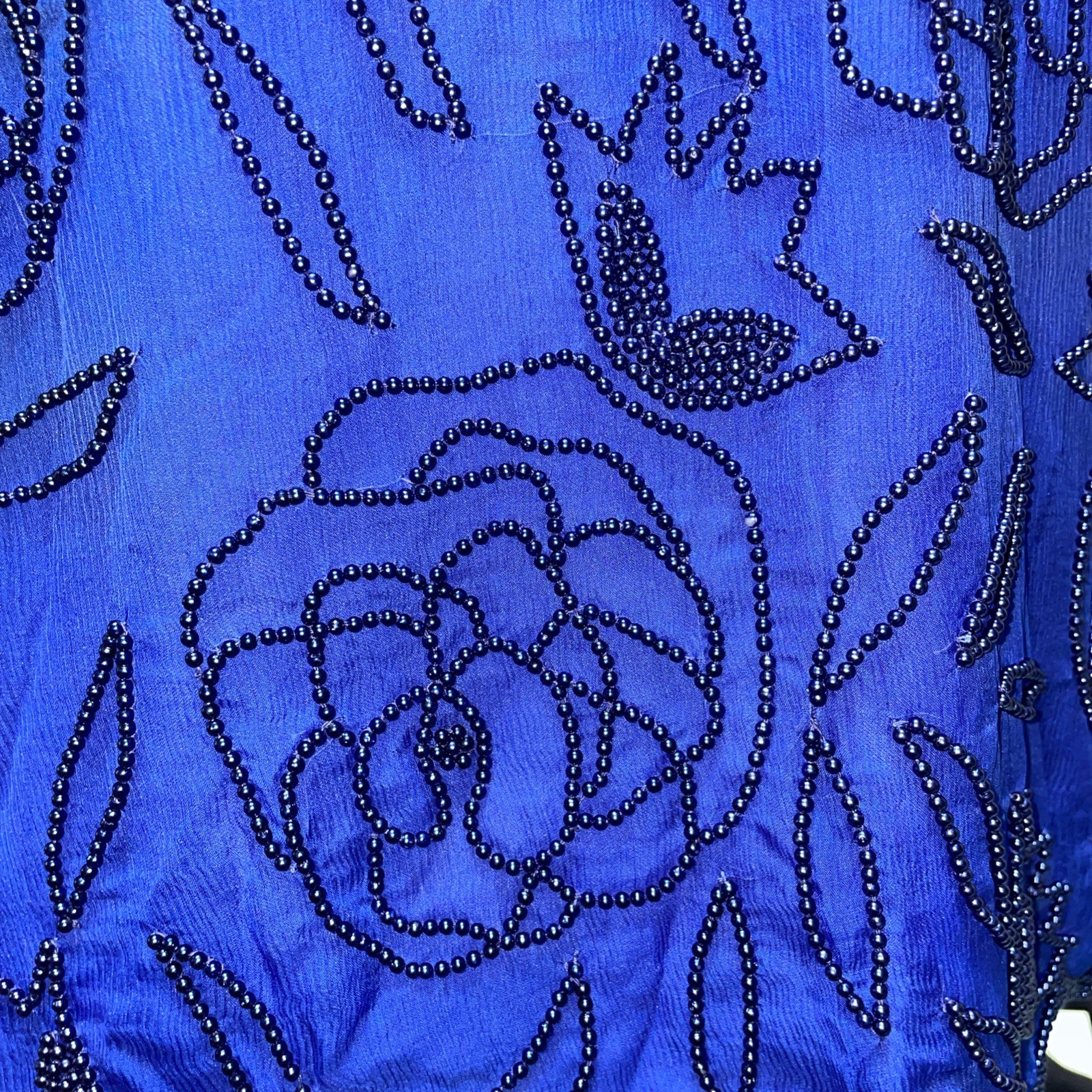 Stenay Padded Shoulders Blue Black Beaded Short Sleeve Top Size Medium