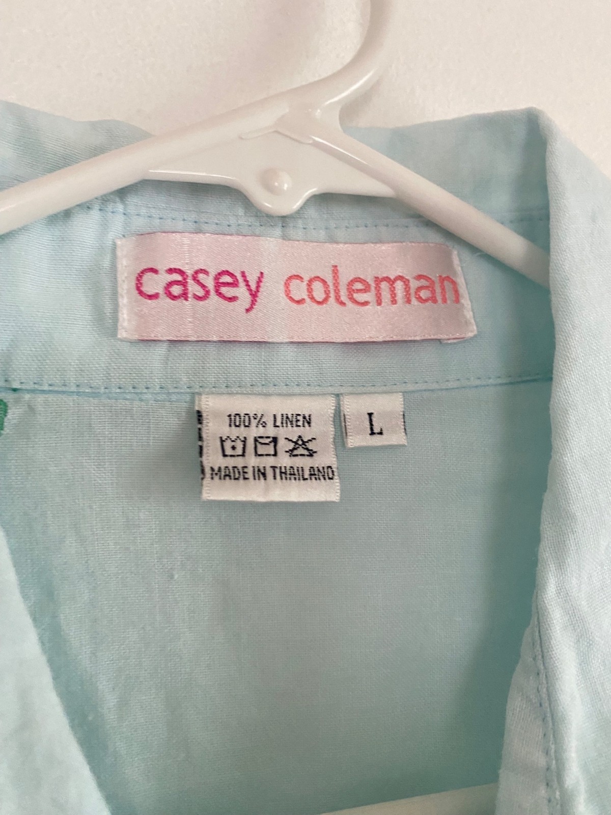 Vintage Casey Coleman Women’s Blue Linen Shirt With Palm Tree Embroidery Size L