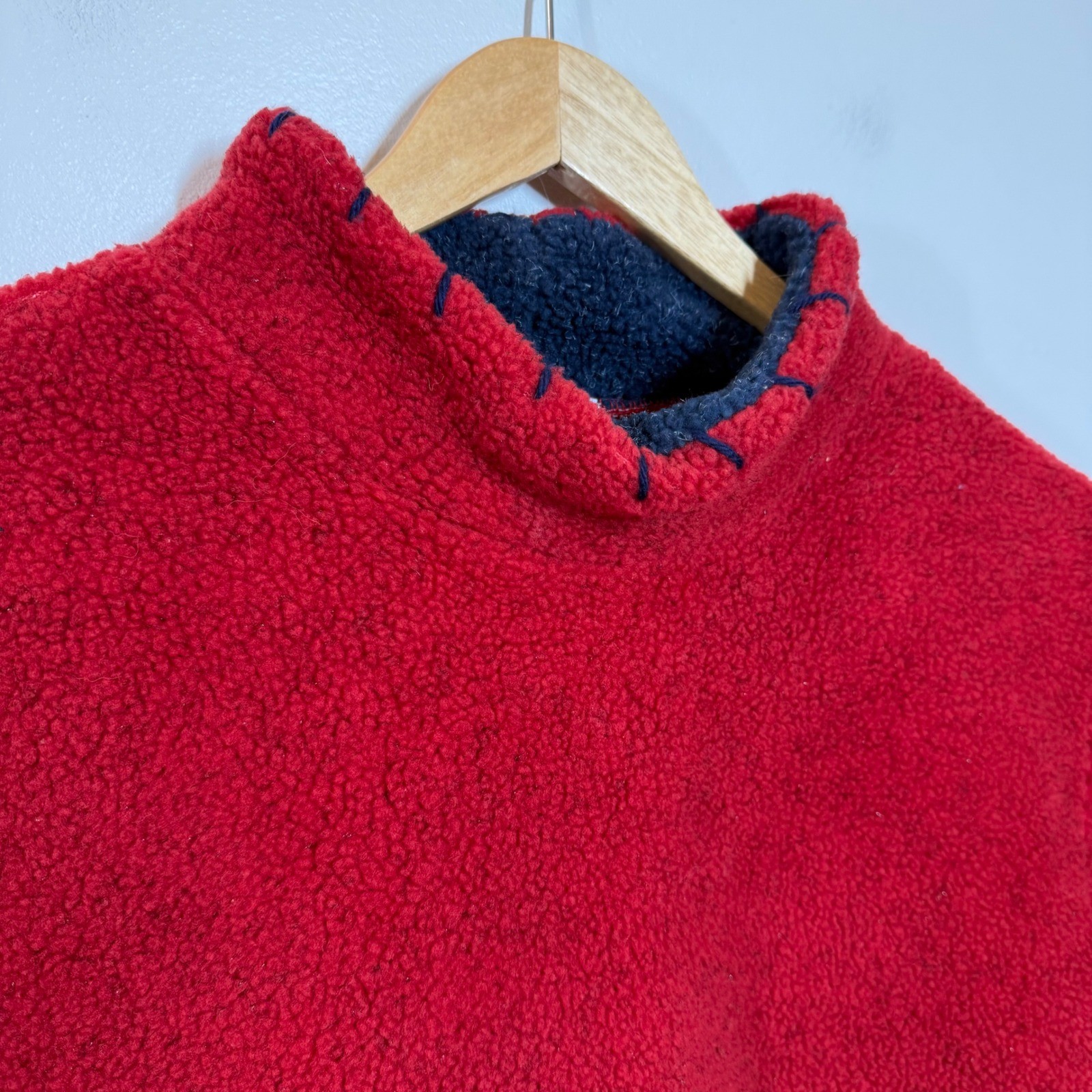 Vintage Real Comfort USA Fleece Pullover L Red Navy Americana Flag Mock Neck