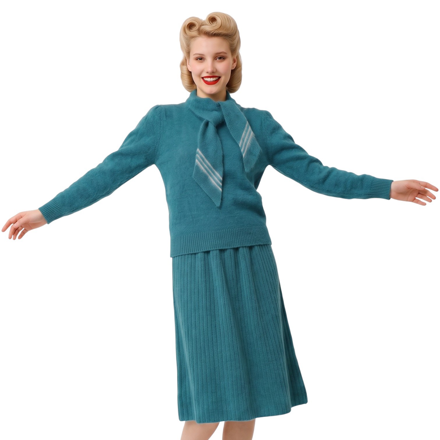1970s Vintage 40s Style Teal Blue ANGORA Pussy Bow Sweater Skirt Set Pinup M