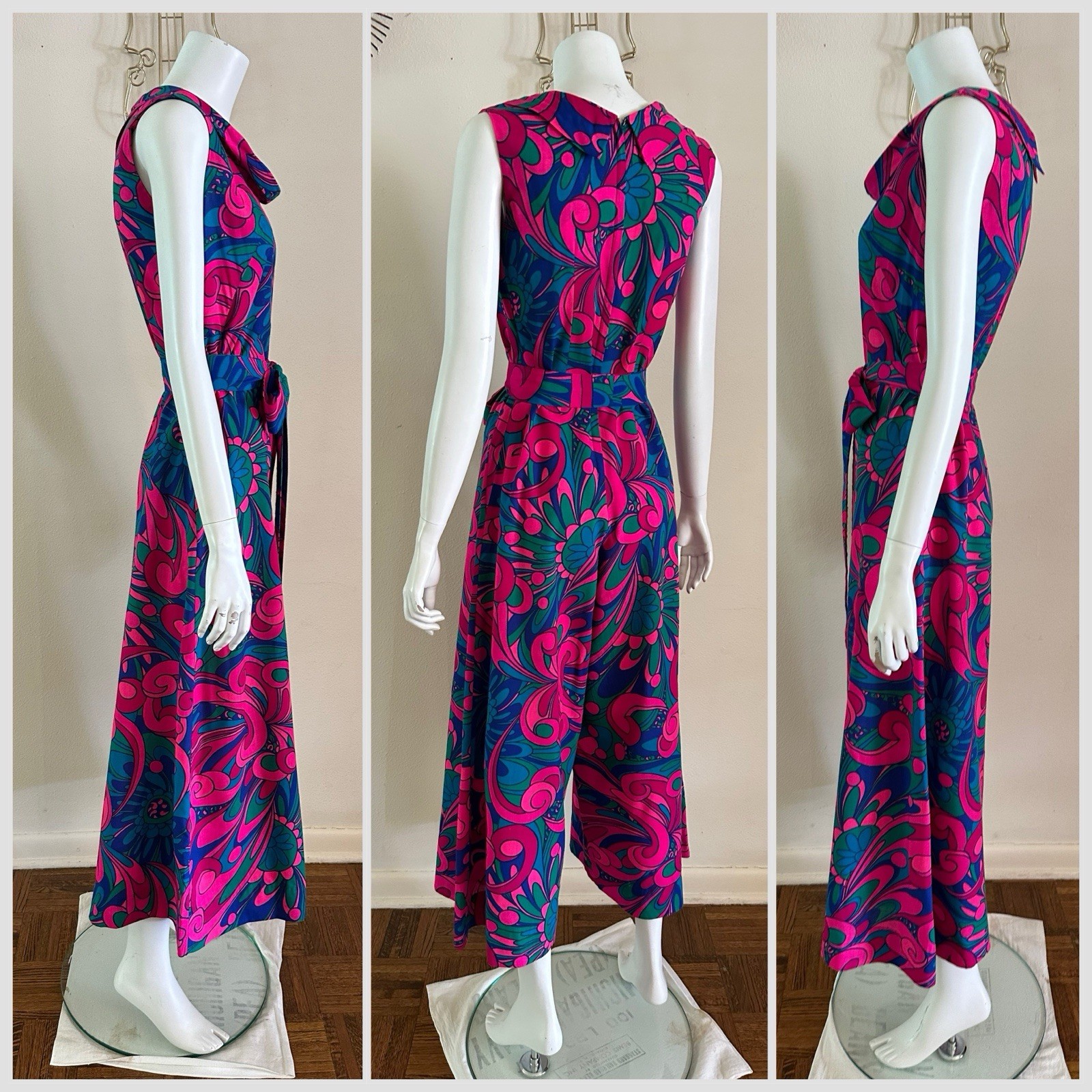 1960s Fumis Waikiki Hawaiian Palazzo Jumpsuit Psychedelic Floral Hostess Mod VTG