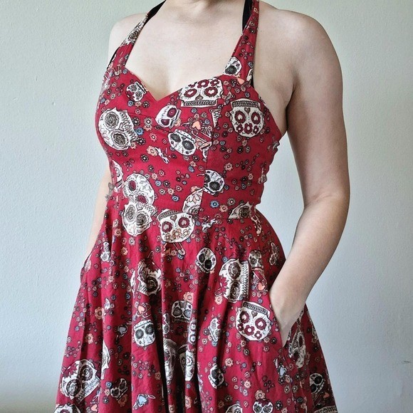 Hell Bunny Red Sugar Skull Halter Swing Dress S M