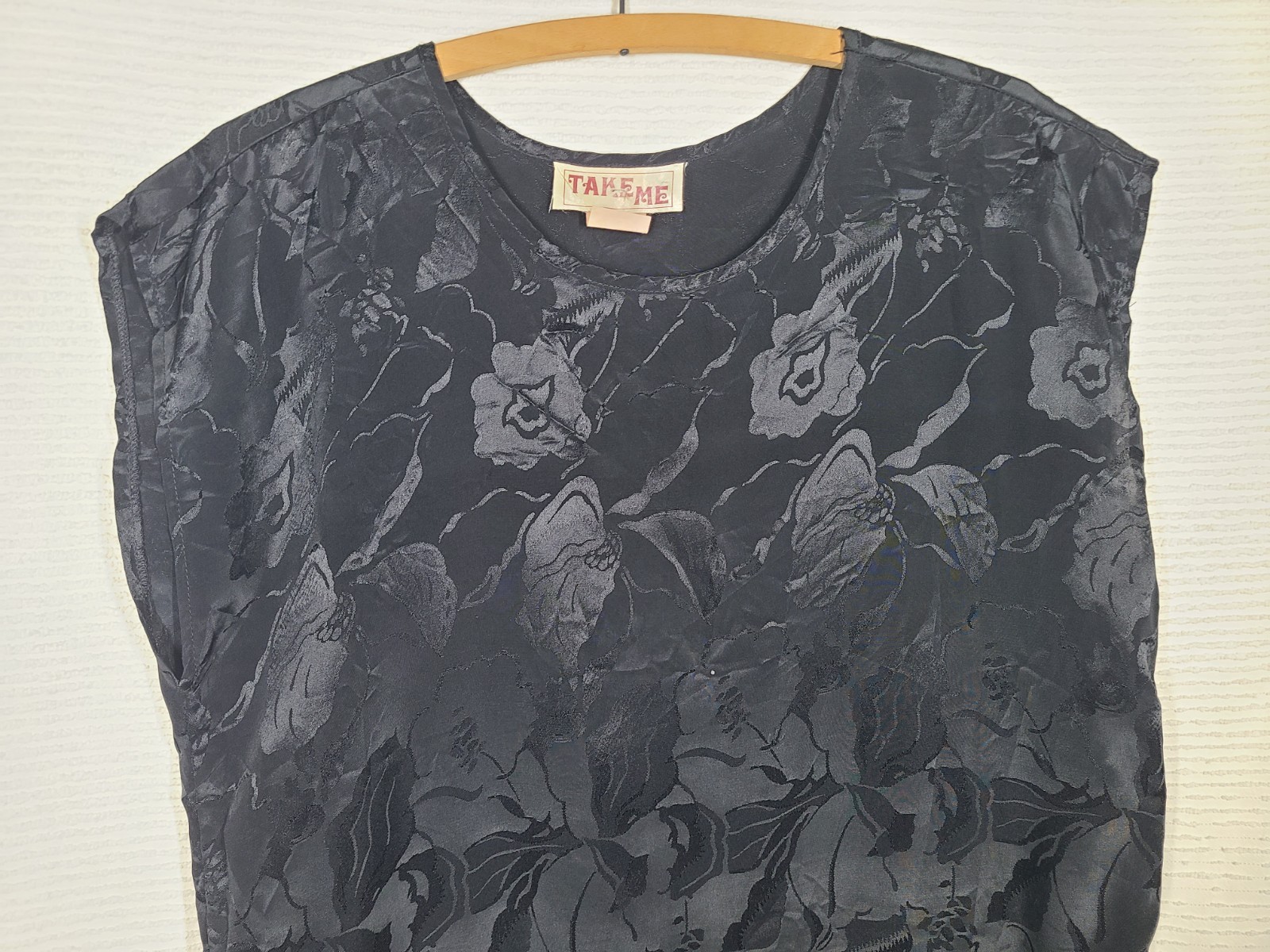 Vtg 80s Satin Dress Black Art Deco Iris Floral Print 30s Flapper Medium Take Me
