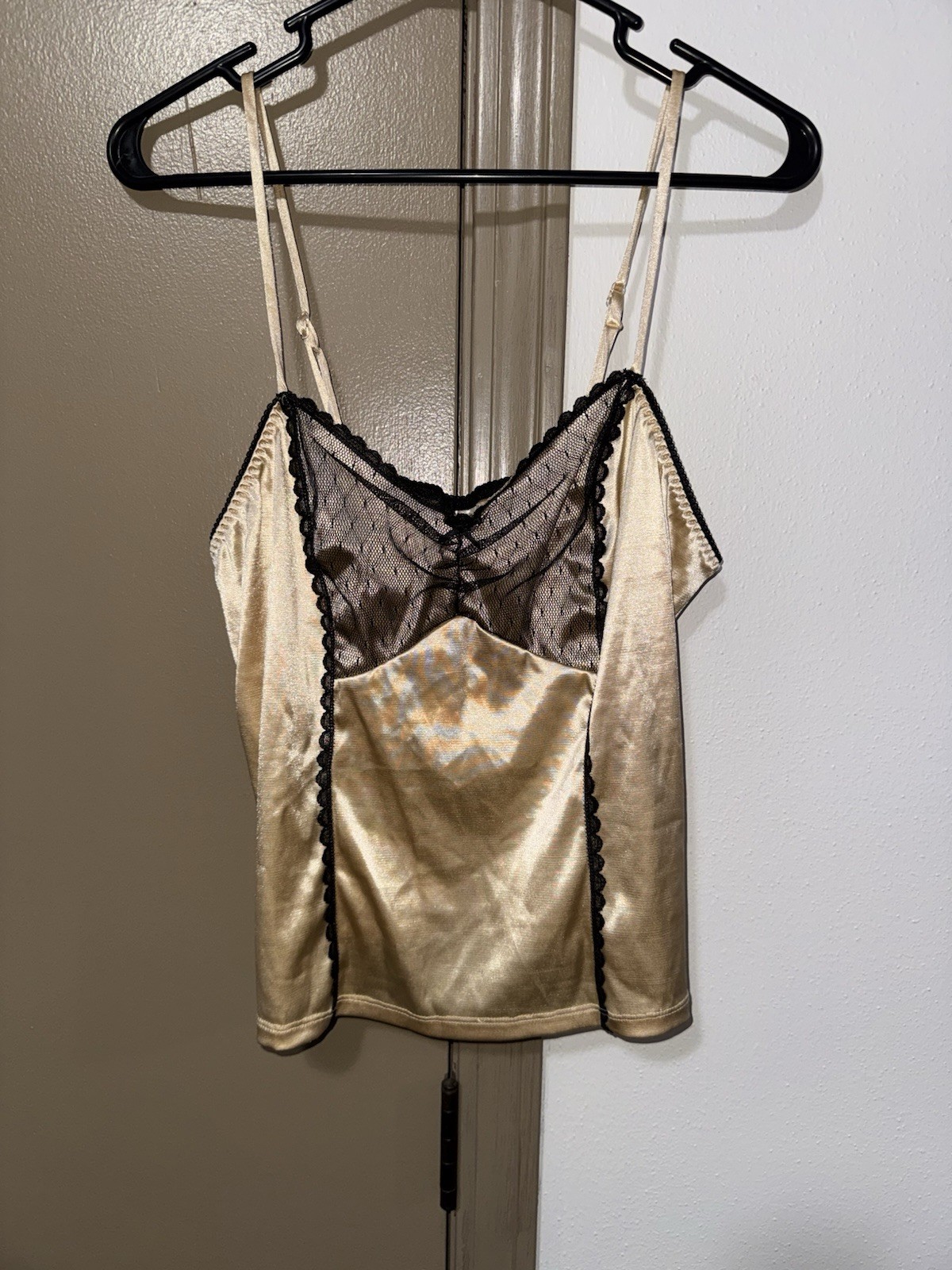 Cinema Etoile Women’s Gold Camisole Black Lace Trim Size L