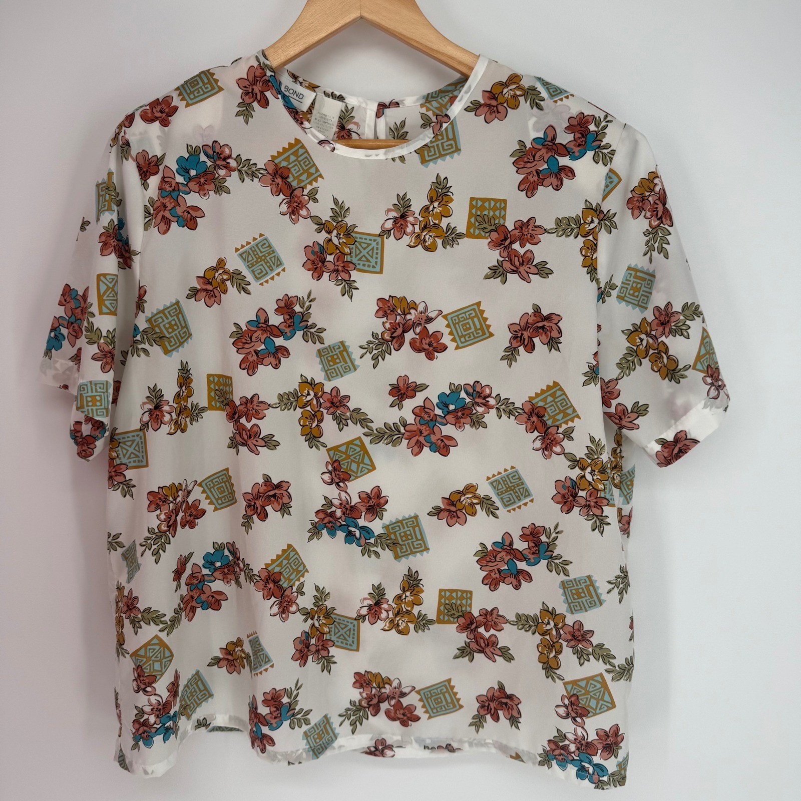 80’s Vintage Judy Bond Floral Geometric Print Short Sleeve Blouse White Size 18