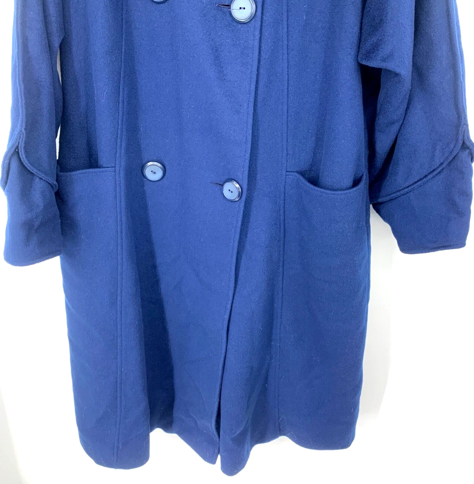 Vintage Ladies Wool Long Trench Coat Portrait by Stevens Union Made in USA Blue