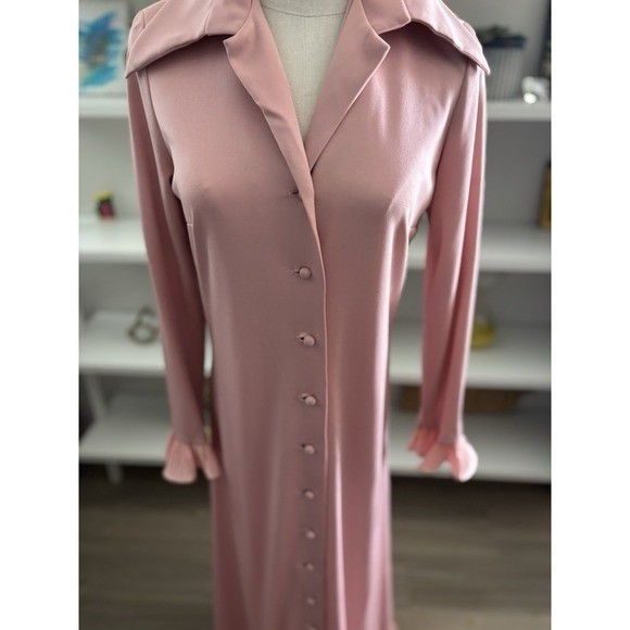 Vintage Pink Button Front Maxi Duster Robe Dress Pleated Ruffle Trim Long Sleeve