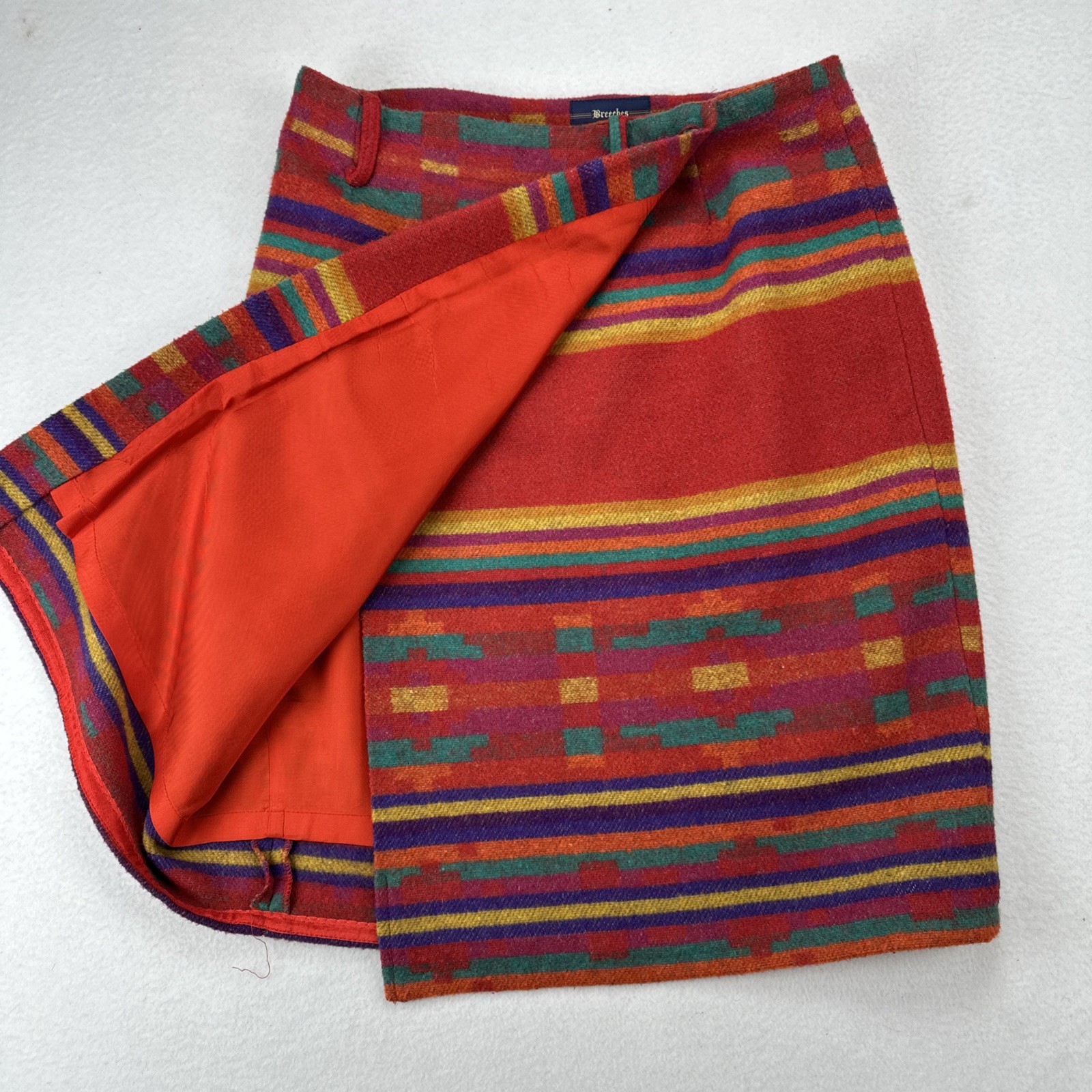 Breeches Vintage Wool Southwestern Stripe Wrap Skirt Red Multicolor Aztec Sz 12
