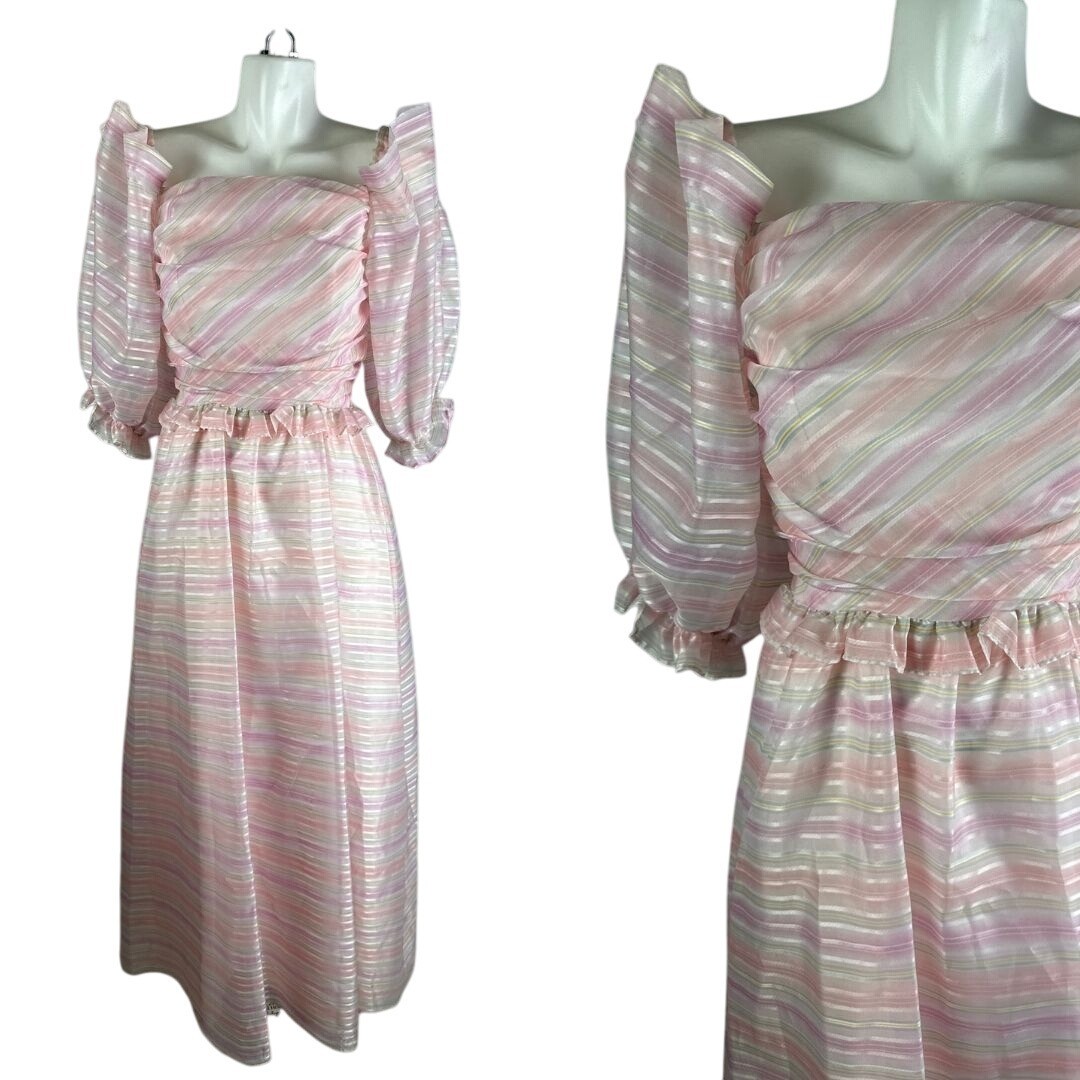 Vtg 80s Cotton Candy Pink Striped Puff Shoulder Party Dress Fairy kawaii 12